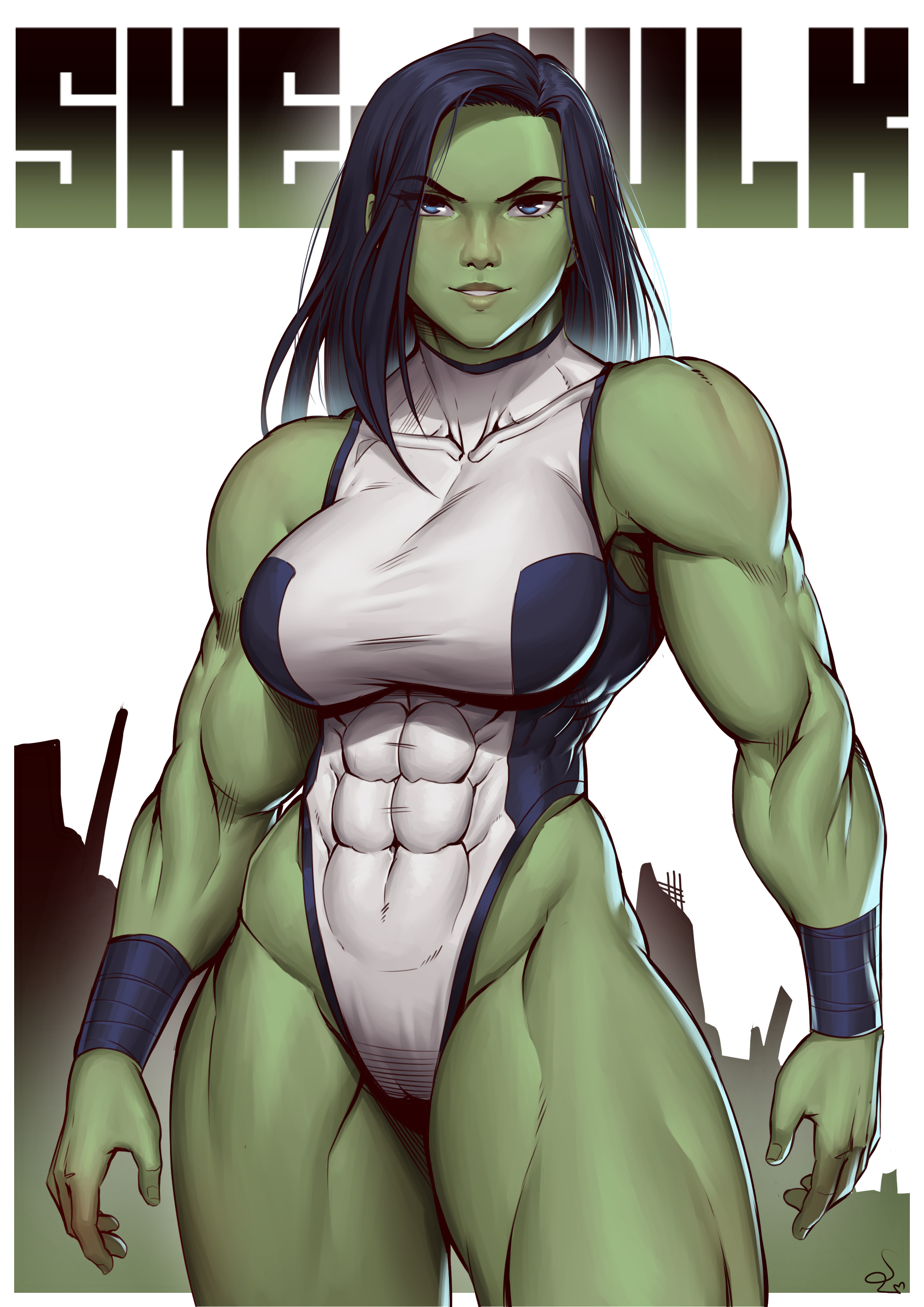 1girls, abs, absurd res, artist signature, bare shoulders, biceps, black hair, blue eyes, breasts, cameltoe, collarbone, female, female only, fully clothed, green skin, hi res, hulk (series), large breasts, leotard, looking at viewer, marvel, marvel comics, muscular, muscular arms, muscular female, navel, parted lips, pussy, serratus anterior, she-hulk, signature, skintight, smile, solo, speedl00ver, standing, straight hair, thick thighs, thong leotard, triceps