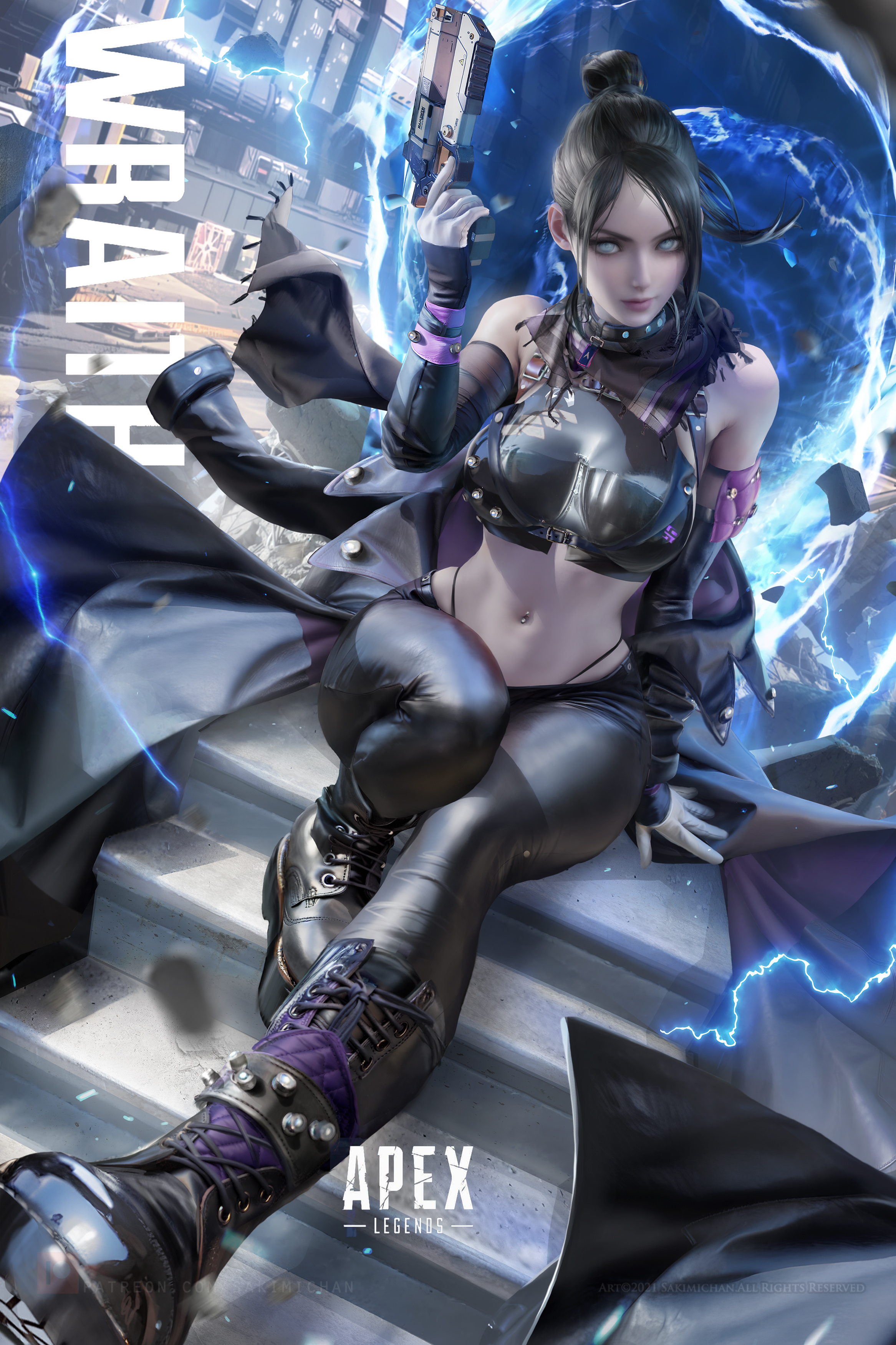 1girls, absurd res, absurdres, apex legends, arm support, bare shoulders, big breasts, black boots, black clothes, black clothing, black pants, blue eyes, boots, breasts, busty, clothed, clothed female, clothing, cute face, female, female focus, female only, fit, fit female, gloves, goth, goth girl, gun, halter top, high resolution, hips, holding gun, holding pistol, holding weapon, large breasts, leather pants, light skin, light-skinned female, medium hair, midriff, navel, navel piercing, pale skin, pale-skinned female, pants, piercing, pistol, platform boots, ponytail, portal, sakimichan, scarf, sitting, sitting down, smile, solo, solo female, solo focus, stomach, thick thighs, thighs, very high resolution, weapon, white gloves, wide hips, wraith (apex legends)