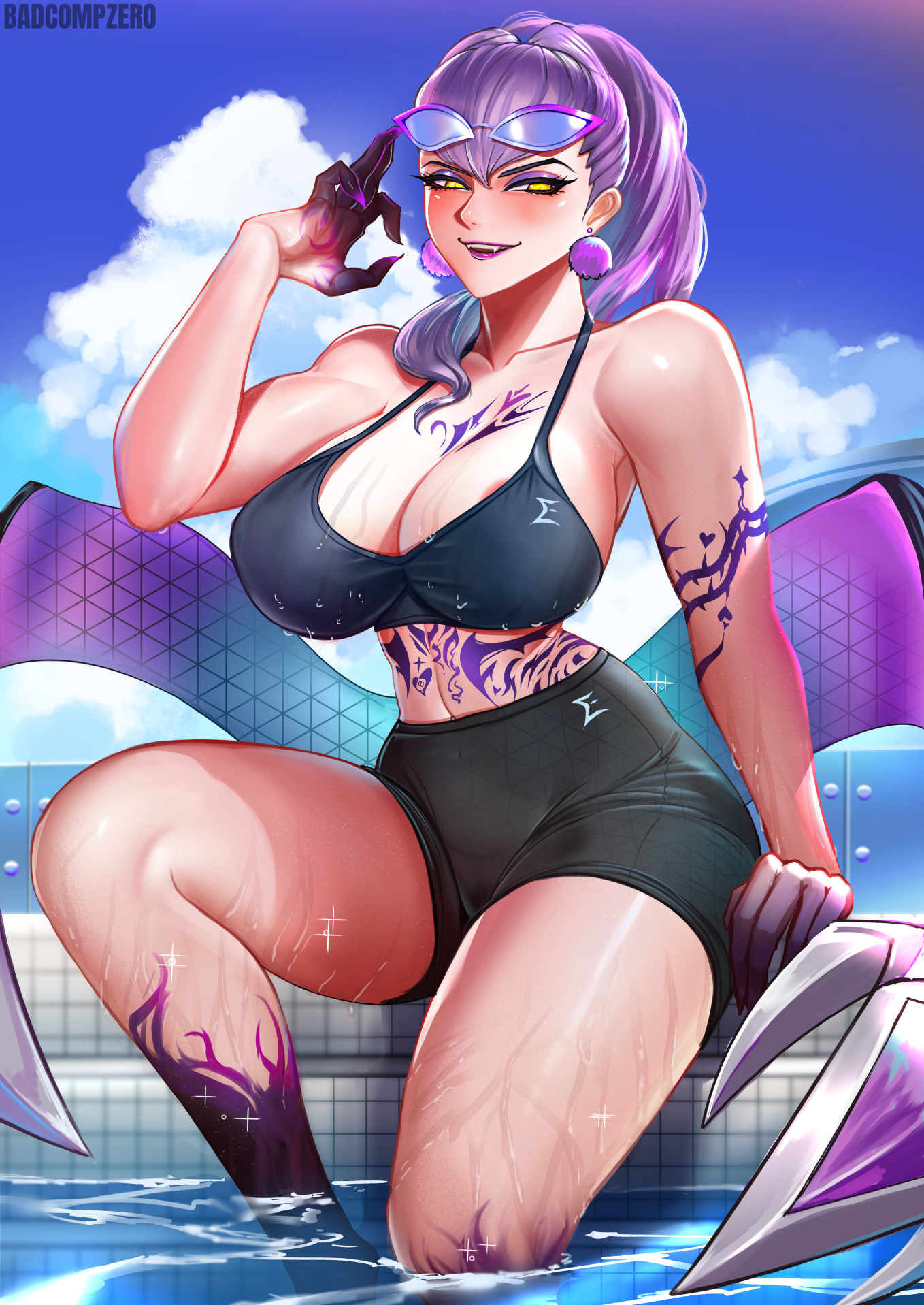 badcompzero, big breasts, blush, breasts, demon, evelynn, female, glasses, glasses on head, gym clothes, k/da all out evelynn, k/da all out series, k/da series, league of legends, league of legends: wild rift, light skin, light-skinned female, pale skin, pale-skinned female, pool, poolside, purple hair, sports bra, sportswear, succubus, tattoo, thick thighs, watermark, wet, yellow eyes