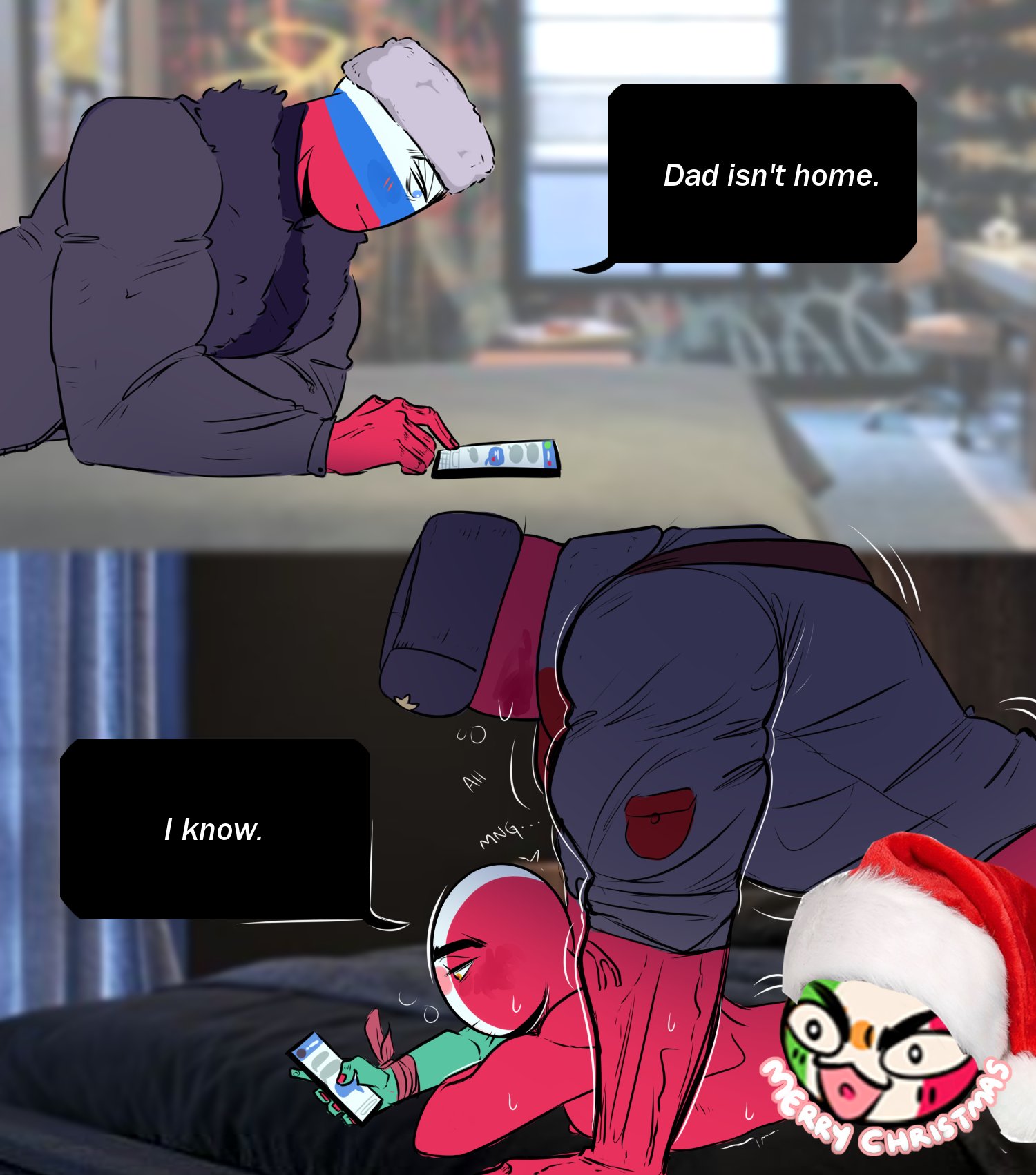 3boys, censored, cheating, christmas, clothed male nude male, clothed sex, clothing, countryhumans, english text, gay, gay sex, homosexual, laying on stomach, male, male only, male penetrating male, mexico (countryhumans), russia (countryhumans), soviet union (countryhumans), spanish, text, yaoi
