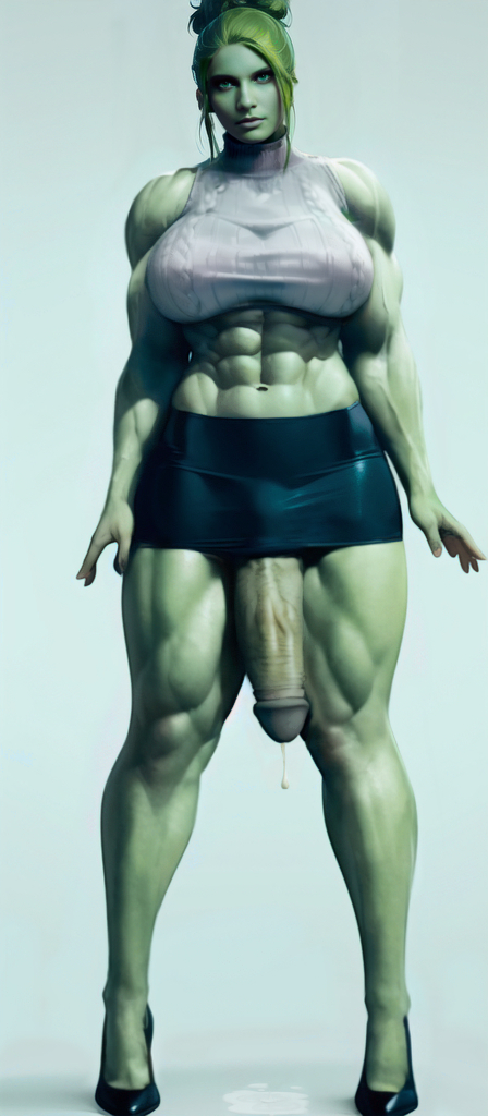 3d, breasts, cum puddle, dripping cum, flaccid, futa only, futanari, hdregrets, high heels, intersex, large breasts, large penis, marvel, marvel comics, muscular, muscular futa, muscular thighs, penis, she-hulk, skirt, thighs, veiny penis