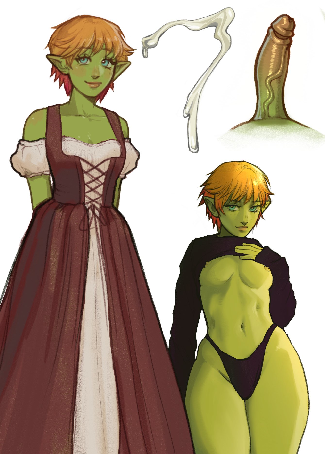 1futa, 2022, big penis, blonde hair, blue eyes, clothed, clothing, cum, dress, erect nipples, erection, fully clothed, futa only, futa sans balls, futanari, goblin, goblin futa, green skin, gwenervi, humanoid, humanoid penis, intersex, mostly nude, nipples, oc, orange hair, panties, penis, pointy ears, shirt lift, short hair, standing, veiny penis, vin (gwenervi), white background, wide hips