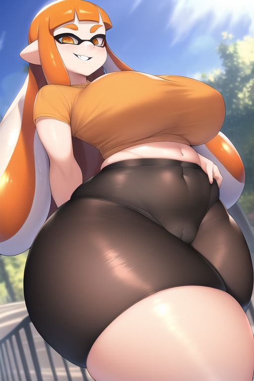 ai_generated big_breasts big_hips big_thighs bike_shorts black_shorts breasts curvy curvy_female from_below hand_on_hip hips huge_breasts huge_hips huge_thighs inkling inkling_girl kaori_(splatoon) looking_at_viewer looking_down massive_breasts massive_thighs midriff nai_diffusion orange_hair orange_inkling_girl orange_shirt outdoors outside smirk smug splatoon stable_diffusion thick_thighs thighs tight_clothing walking wide_hips