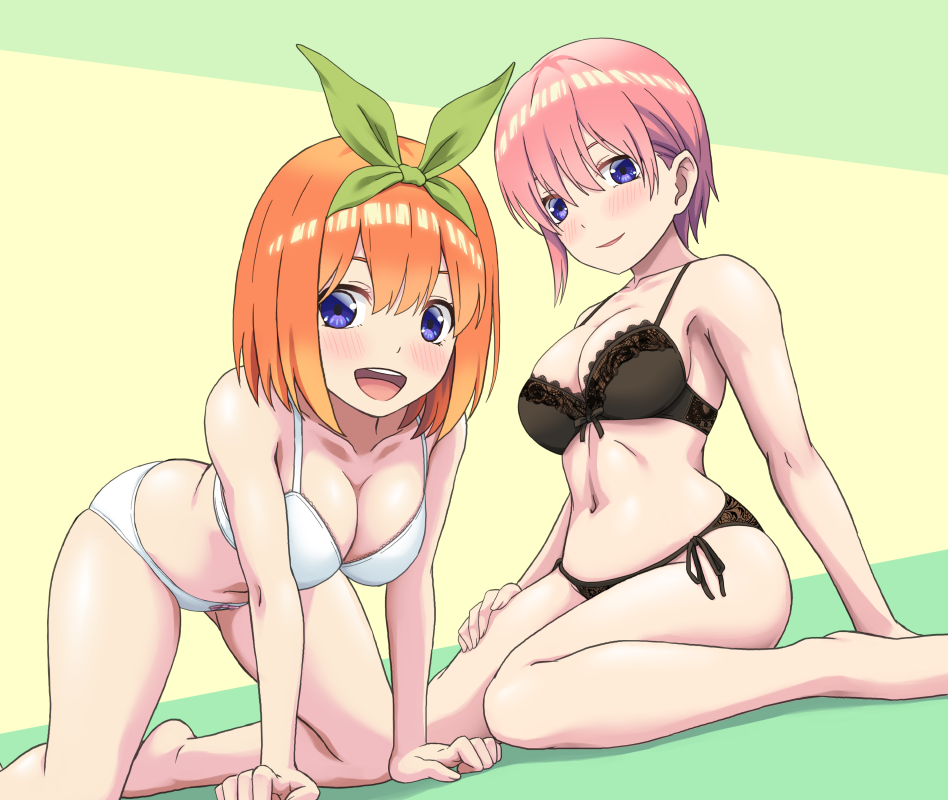 2girls all_fours arm_support black_bra blue_eyes blush bow bow_panties bra breasts cleavage go-toubun_no_hanayome looking_at_viewer medium_breasts multiple_girls nakano_ichika nakano_yotsuba navel open_mouth orange_hair panties parted_lips pink_hair short_hair siblings sisters sitting teeth underwear upper_teeth_only vierosky wariza white_bra