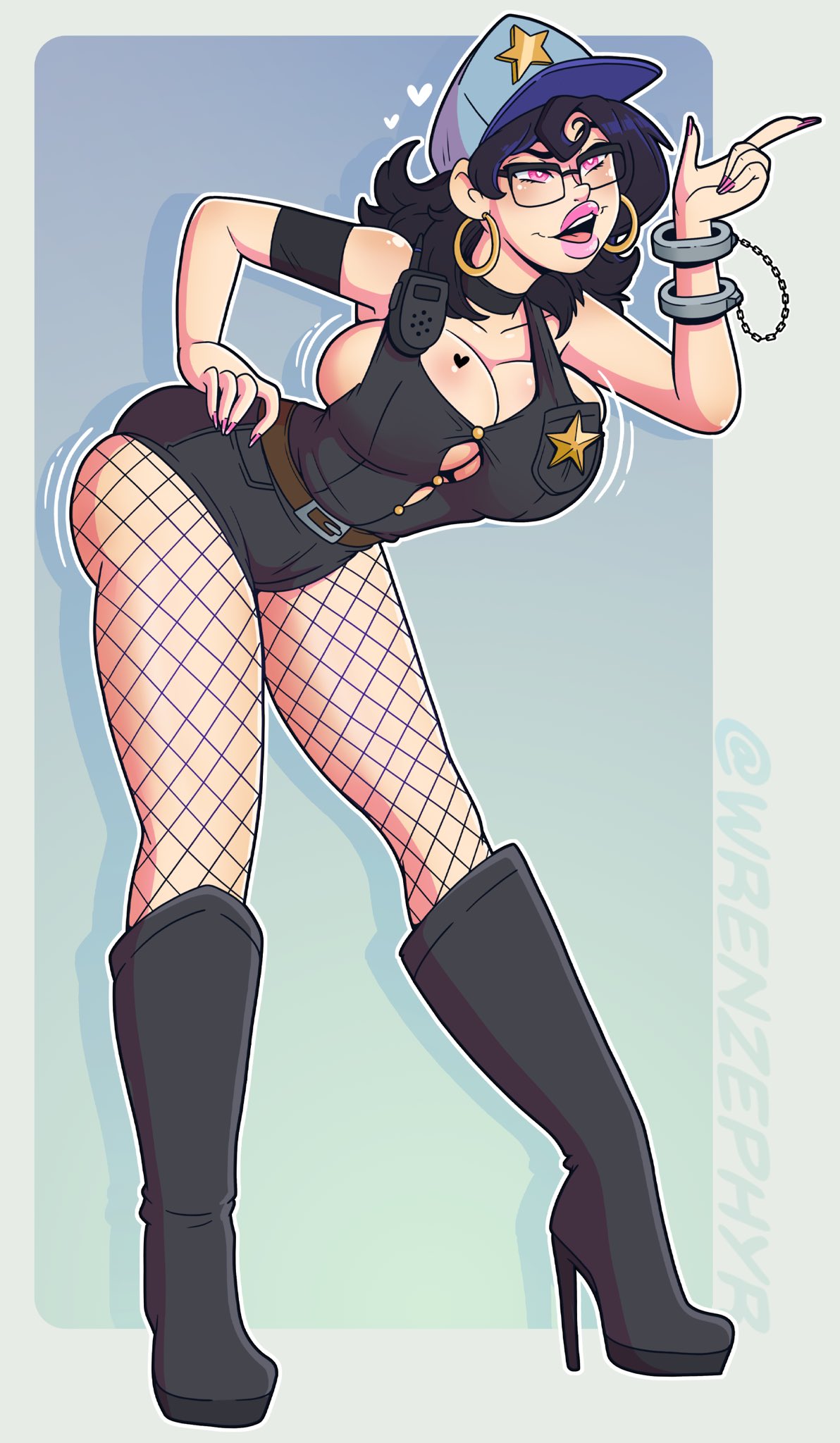 1girls, bimbo, bimbo lips, breasts, female, female focus, female only, fishnets, hand on hip, handcuffs, high heel boots, high heels, oc, original character, police, police badge, police hat, police officer, police uniform, policewoman, solo, solo female, solo focus, tagme, wrenzephyr2