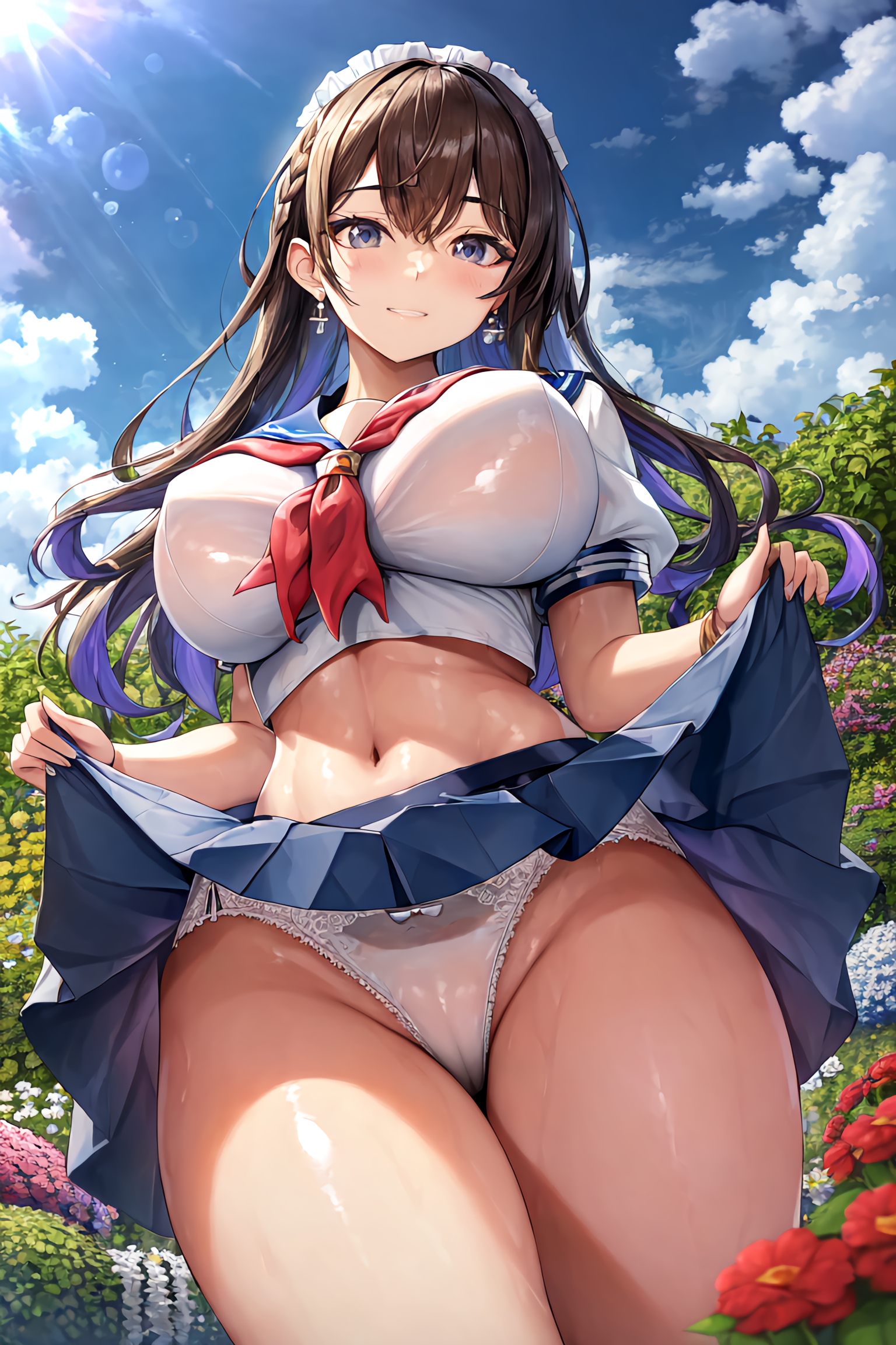 1girls, 2023, ai generated, curvaceous, curvy, curvy body, curvy female, curvy figure, female, high resolution, highres, looking at viewer, looking down, maid, maid headdress, school uniform, schoolgirl, seductive look, skirt, stable diffusion, underwear, voluptuous, voluptuous female