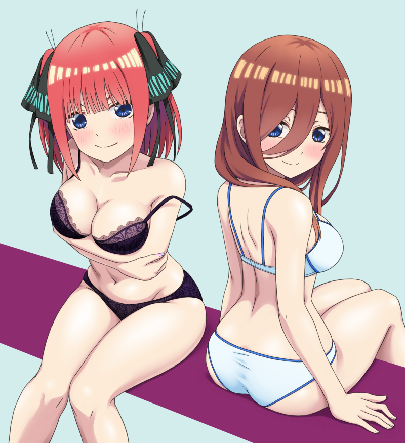 2girls ass back bangs black_bra black_panties blue_background blue_bra blue_eyes blush bow bra brown_hair go-toubun_no_hanayome hairbow legs looking_at_viewer looking_back multiple_girls nakano_miku nakano_nino panties red_hair siblings simple_background sisters sitting smile underwear vierosky