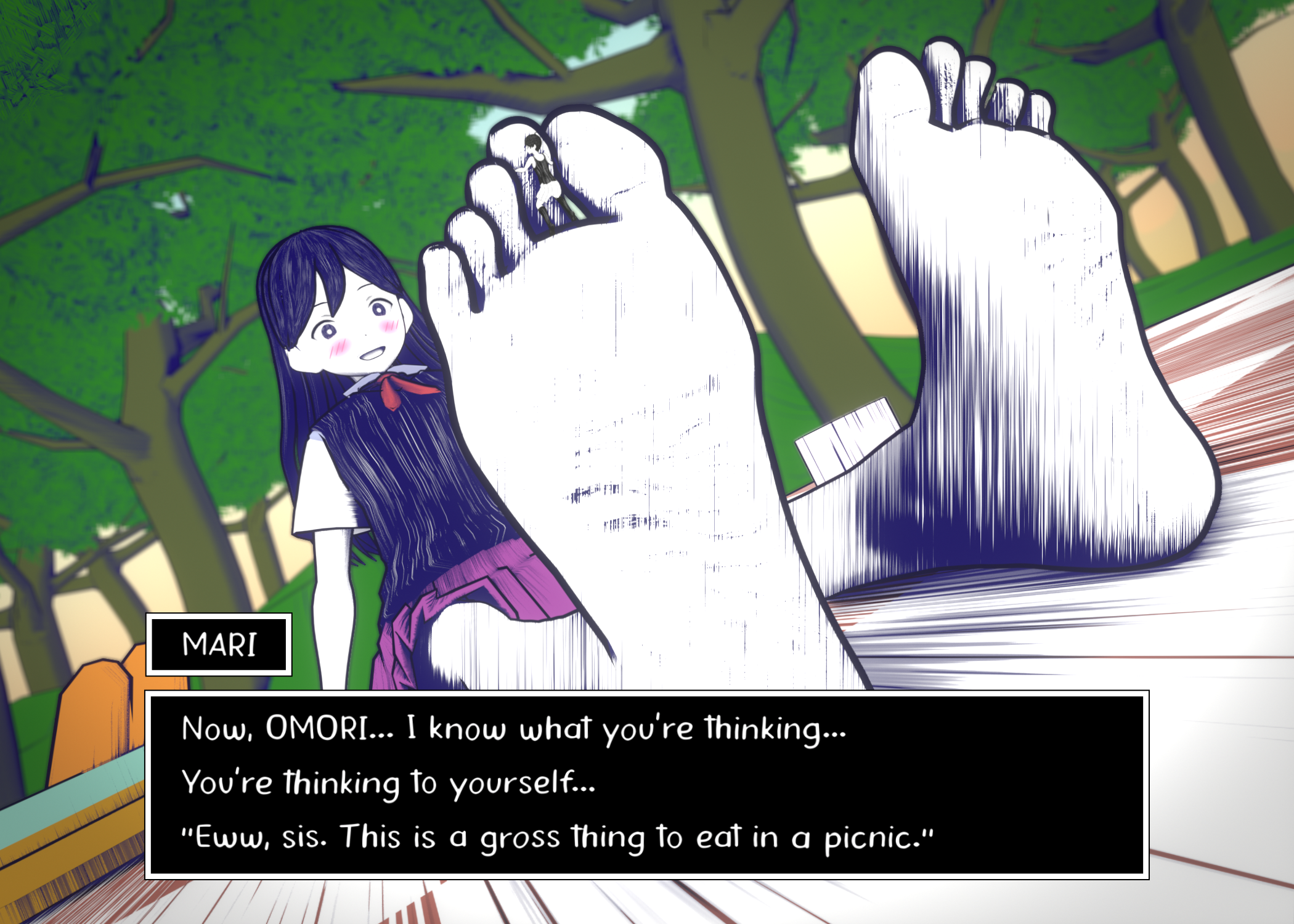 1boy, 1girls, barefoot, blush, brother and sister, dawger (artist), feet, female, foot fetish, giantess, licking feet, male, mari (omori), omori, omori (character), sfm, source filmmaker, tagme (artist)