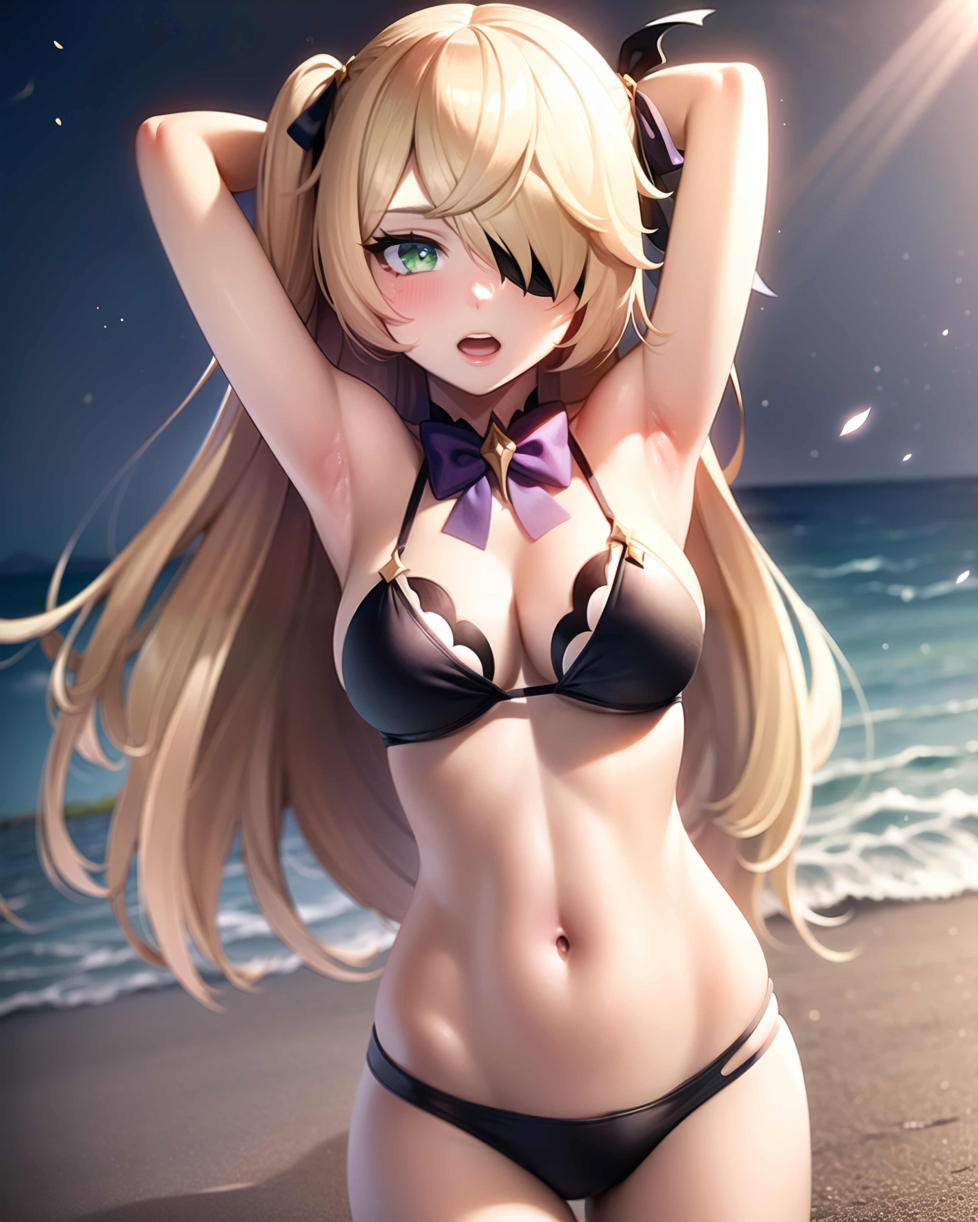 ai generated, armpits, arms behind head, arms up, bangs, bare arms, bare shoulders, beach, bikini, black bikini, blonde hair, blush, bow, bowtie, breasts, cleavage, cowboy shot, day, detached collar, eyepatch, female, fischl (genshin impact), genshin impact, green eyes, hair over one eye, hair ribbon, halterneck, long hair, looking at viewer, medium breasts, navel, ocean, open mouth, outdoors, purple bow, purple bowtie, ribbon, sand, skindentation, solo, stable diffusion, standing, stlow7, stomach, string bikini, sunlight, swimsuit, thigh gap, thighs, two side up, water