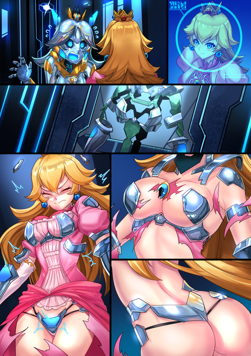 2girls ass blonde_hair blue_eyes breasts chastity chastity_belt chastity_device crown dress earrings female female_chastity female_only ibenz009 large_breasts long_hair mario_(series) metal_body metal_bra metal_hair metal_panties metal_transformation multiple_girls nintendo pink_dress princess_daisy princess_peach torn_clothes torn_dress transformation