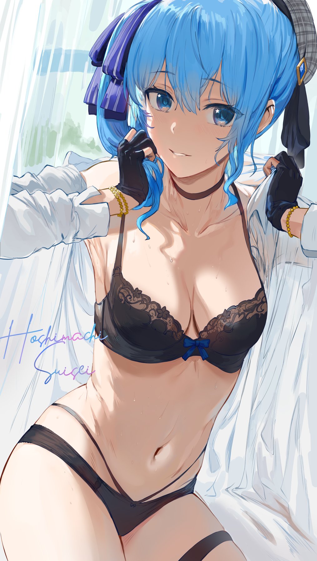 1girls belly_button blue_eyes blue_hair bra breasts collar curtains fingerless_gloves gloves hat hews_hack hi_res hololive hololive_gen_0 hololive_japan hoshimachi_suisei looking_at_viewer panties shirt short_hair smile solo sweat underwear virtual_youtuber