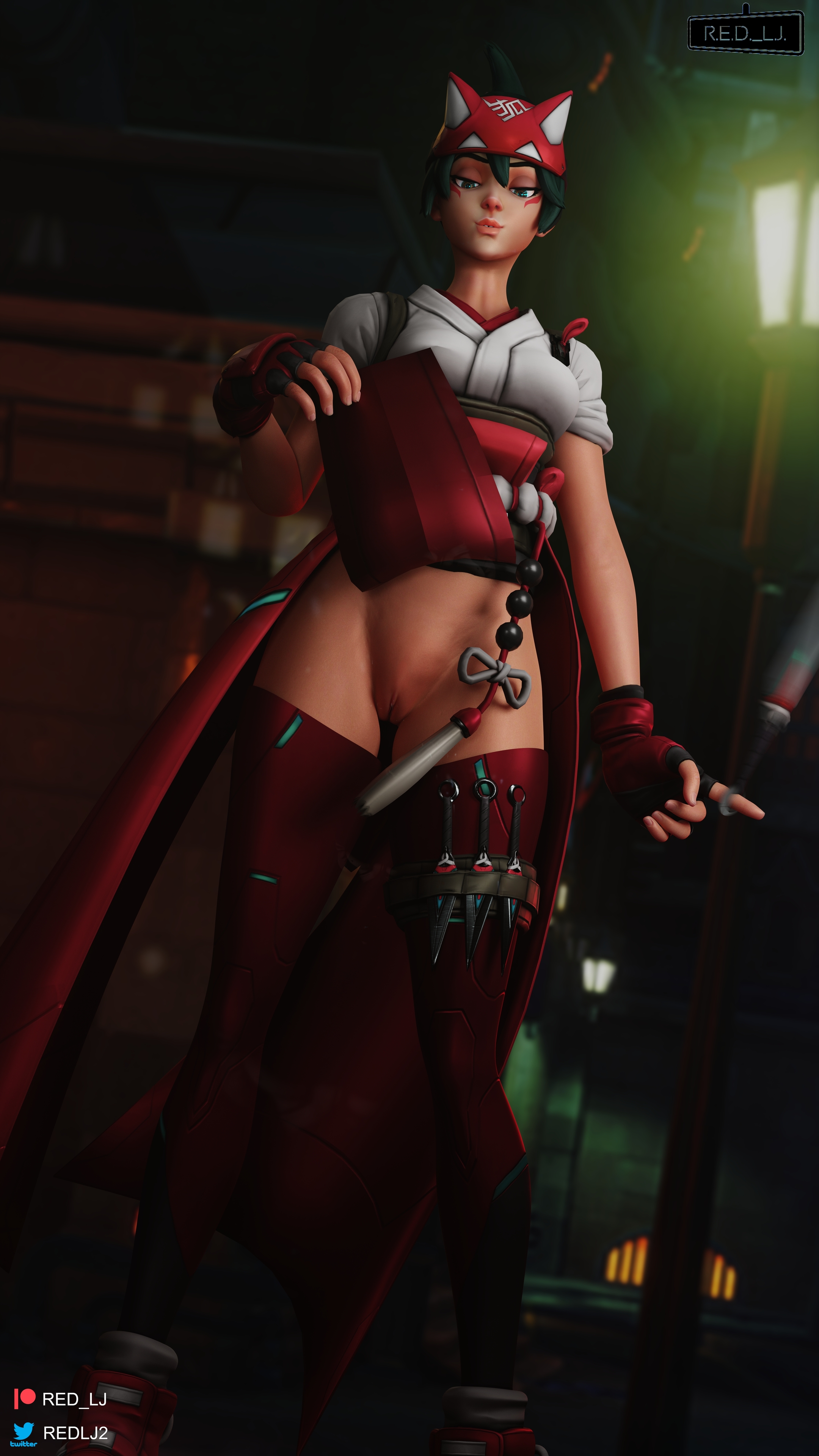 1girls, 3d, back view, beach, blender (software), female, female only, green hair, kiriko (overwatch), kunai, overwatch, overwatch 2, pussy, red lj, solo, tied hair