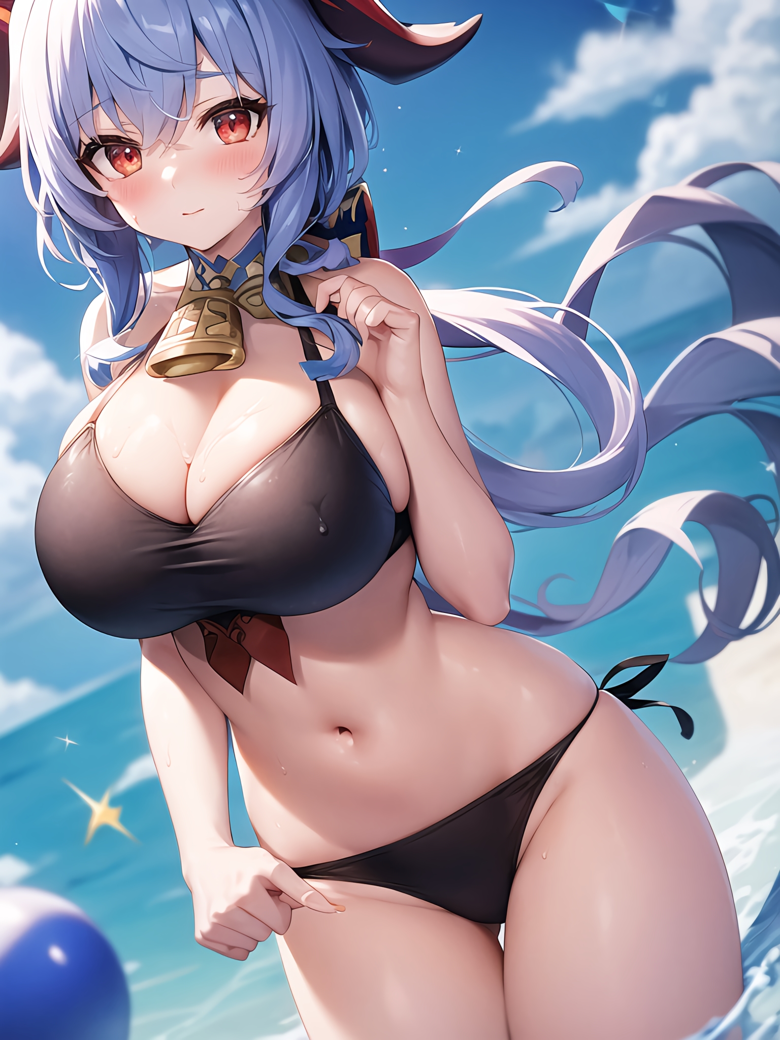 1girls, ai generated, alternate breast size, beach, bikini, blue hair, blush, breasts, cleavage, female, ganyu (genshin impact), genshin impact, horns, large breasts, light skin, light-skinned female, long hair, outdoors, ponytail, stable diffusion, thick thighs