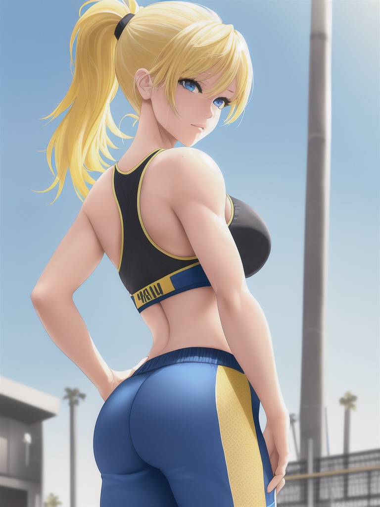 1girls ai_generated ass ass_focus bare_shoulders big_ass blonde_hair blue_eyes female large_ass large_breasts looking_back original original_character outdoors outside poetry rose shmebulock36 solo sportsbra sportwear tight_clothes tight_pants yellow_hair