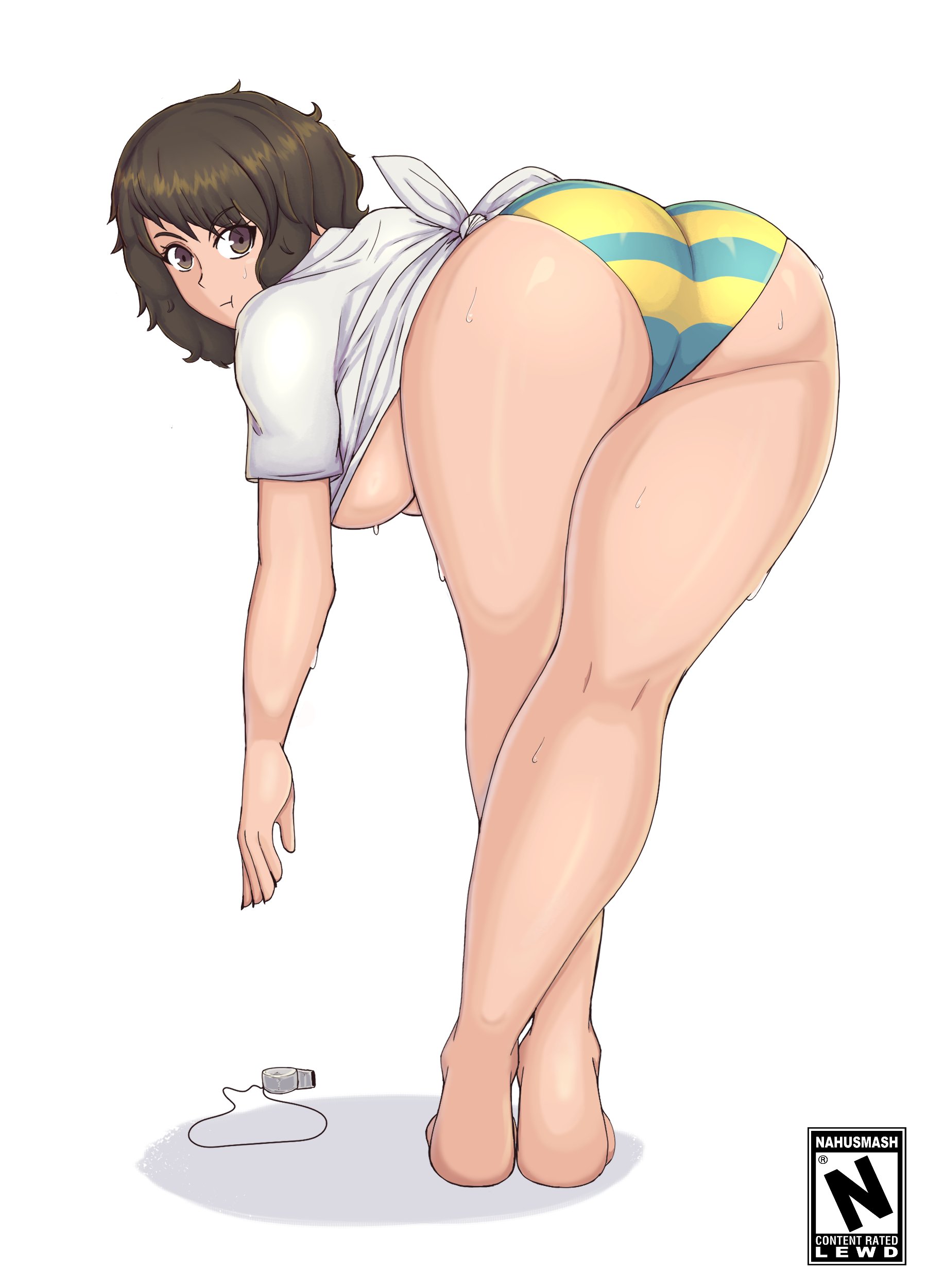 1girls, ass, bikini, bikini bottom, breasts, brown hair, female, female only, nahusmash, persona, persona 5, sadayo kawakami, shirt, solo, swimsuit, swimwear