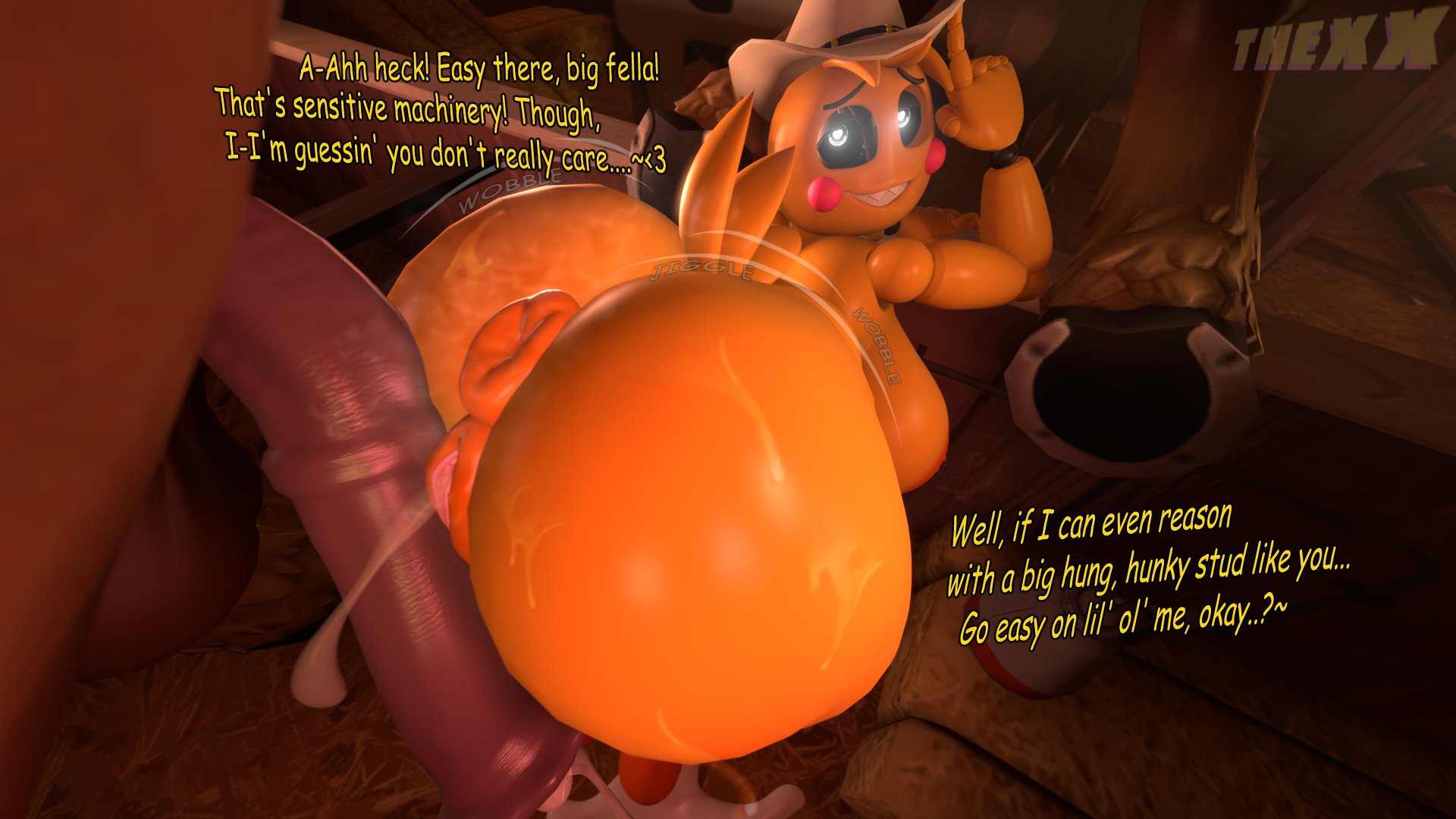 1boy, 1girls, 3d, 3d (artwork), anus, big breasts, breasts, dialogue, female, feral, five nights at freddy's, five nights at freddy's 2, horse, horsecock, lovetaste chica, male, penis, pussy, quadruped, straight, tagme, text, thexxmixx, toy chica (fnaf), toy chica (love taste), zoophilia