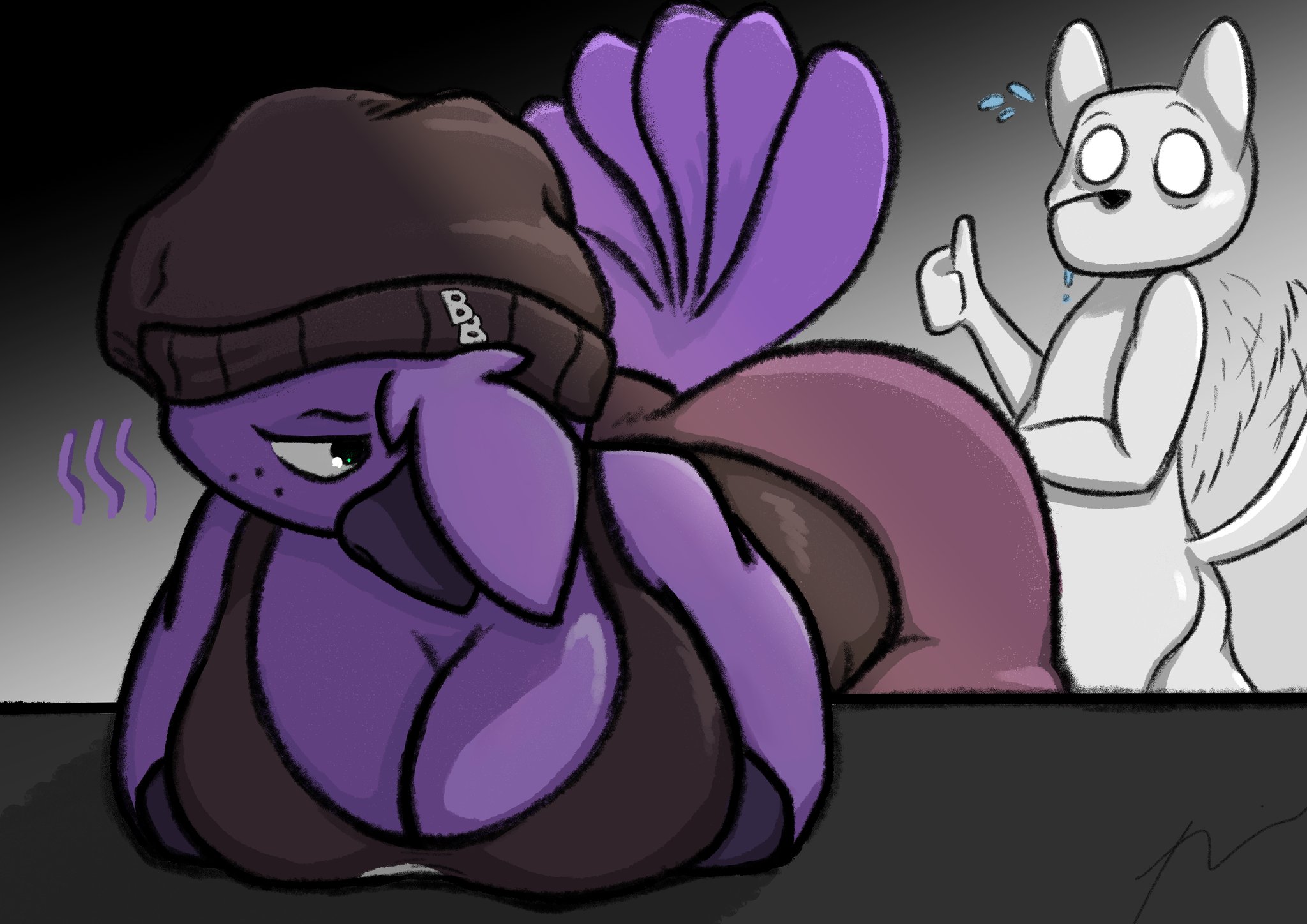2d, anthro, avian, avian humanoid, background character, beak, beat banger, bent over, bent over table, breasts, clothed, clothing, feathers, female, furry only, hair over one eye, hair tuft, looking back, mehtrashycoon, presenting, presenting hindquarters, purple body, purple feathers, sports bra, thumbs up, wagging tail, zoe monroe
