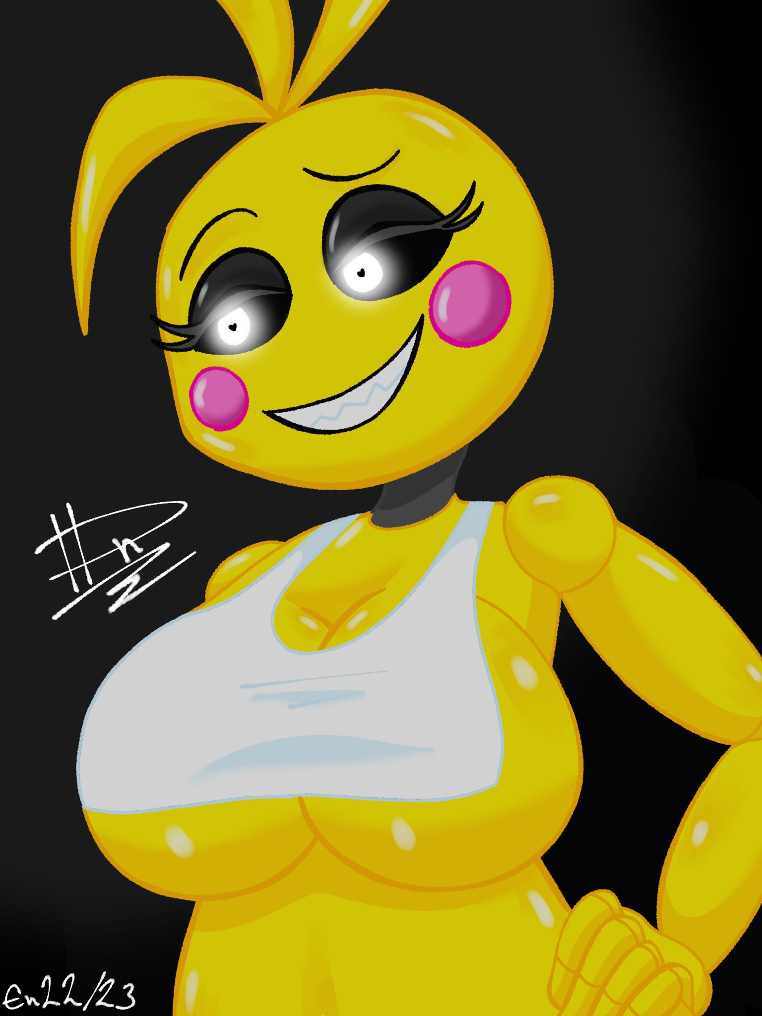1girls, animatronic, bib, big breasts, breasts, chicken, female, five nights at freddy's, five nights at freddy's 2, robot, solo, toy chica (fnaf), toy chica (love taste), yellow skin