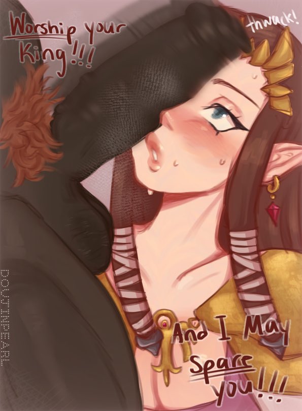 1boy, 1girls, breasts, brown hair, cock shock, dialogue, doujinpearl, english text, female, ganondorf, gerudo, huge cock, hylian, large breasts, light skin, light-skinned female, light-skinned male, long hair, male, maledom, motion blur, motion lines, nintendo, penis, penis awe, penis in front of face, penis on face, penis slapping face, penis worship, princess zelda, pubic hair, red pubic hair, text, the legend of zelda, twilight princess, uncensored, unseen male face, villain on heroine, zelda (twilight princess)