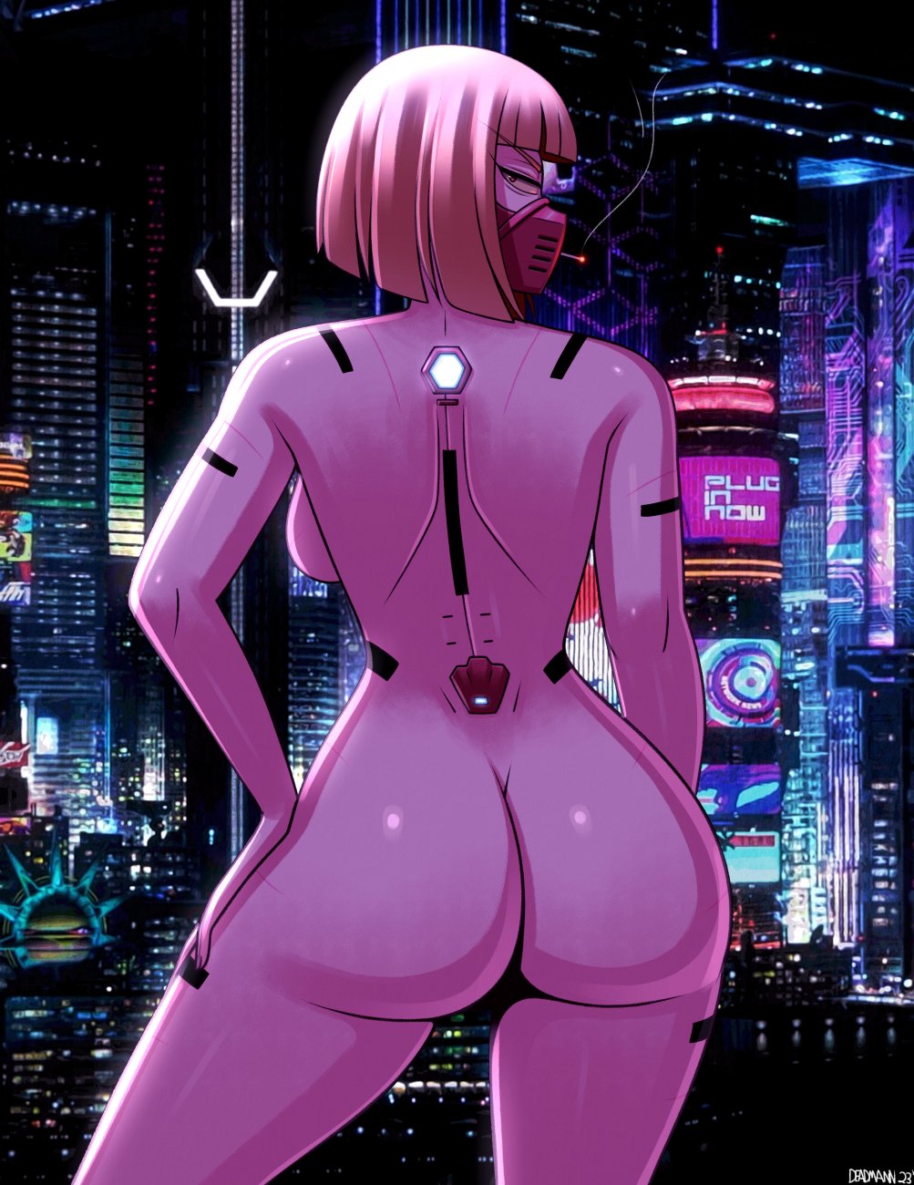 1girls ass ass_focus back_view blonde_hair breasts casual cigarette cybernetics cyberpunk:_edgerunners cyberpunk_2077 facewear from_behind_angle human kiwi_(edgerunners) pale_skin short_hair smoking solo solo_female walkingdeadmann