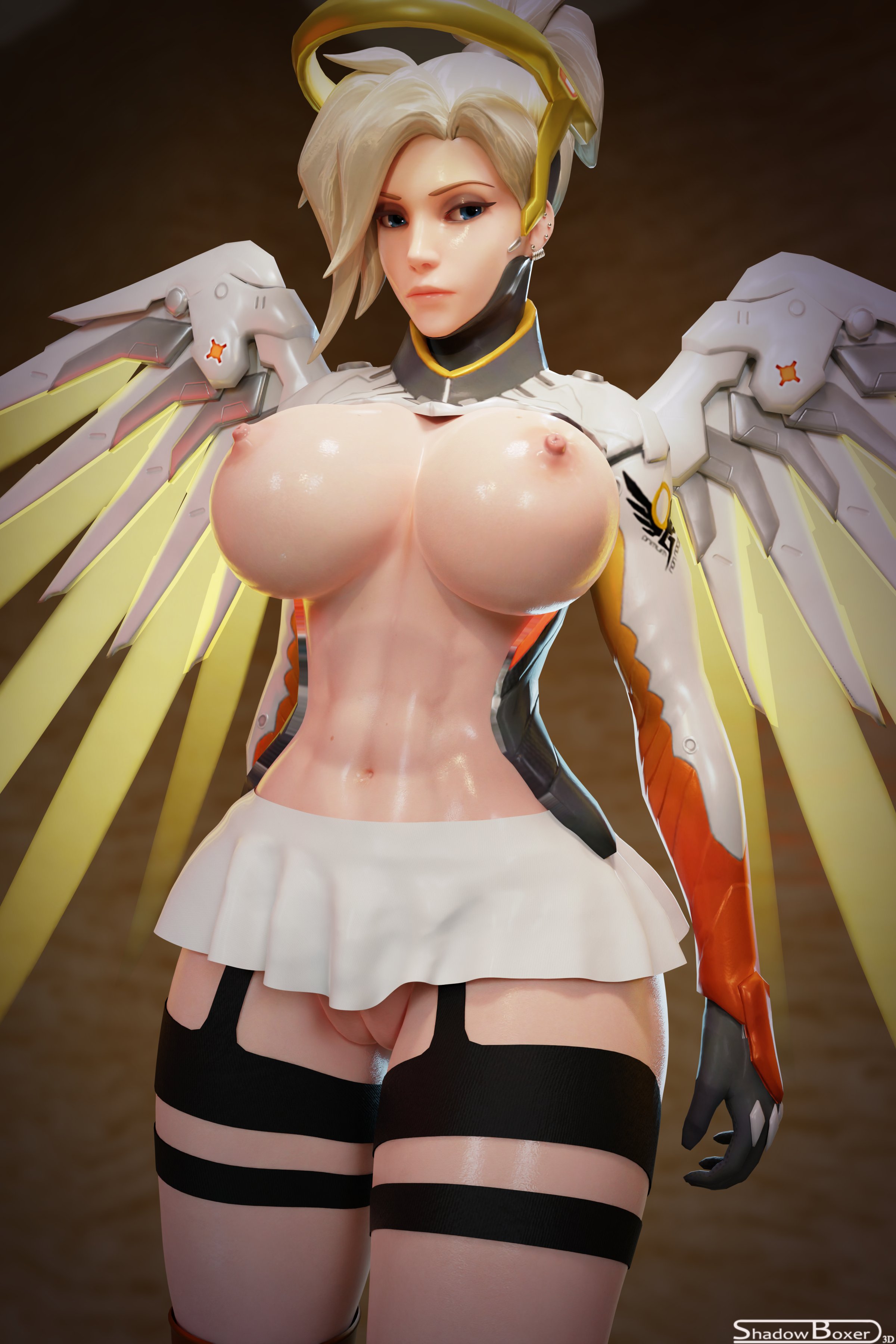 1girls, 3d, 3d (artwork), abs, amber heard, angel wings, angela ziegler, blizzard entertainment, blonde, blonde female, blonde hair, blue eyes, breasts, celebrity, exposed, exposed breasts, exposed nipples, exposed pussy, female, female focus, female only, garter belt, gloves, looking at viewer, mercy, microskirt, miniskirt, nipples, oil, oiled, oiled skin, overwatch, overwatch 2, parody, pierced ears, piercing, pussy, revealing breasts, revealing clothes, revealing outfit, revealing pussy, shadowboxer, skirt, thighs, useless clothing, wings