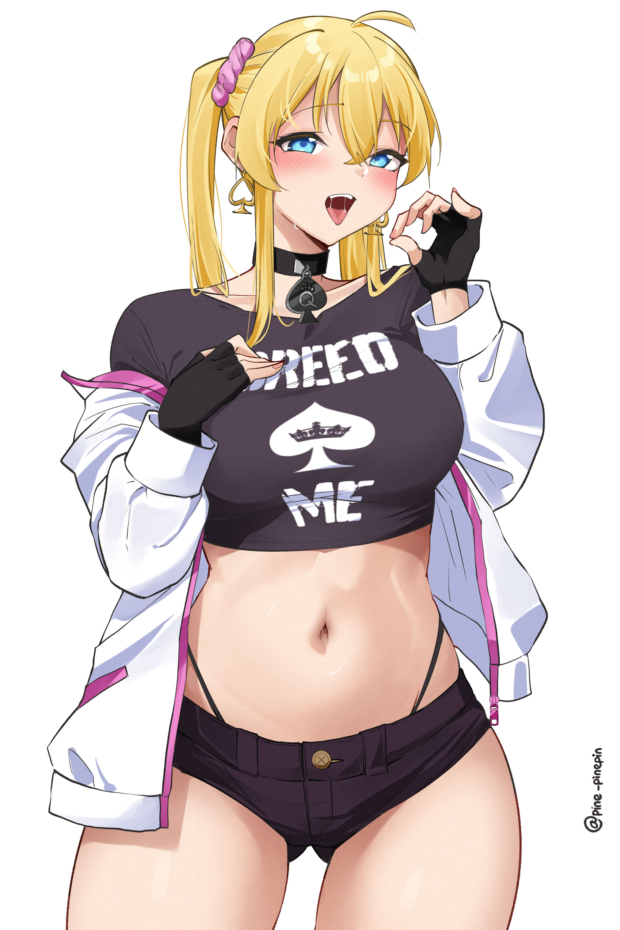1girls, blonde hair, blue eyes, blush, breasts, choker, earrings, fellatio gesture, female, female only, fingerless gloves, highleg panties, hotpants, human, jacket, jacket partially removed, large breasts, light skin, light-skinned female, navel, off shoulder, open mouth, original, original character, pine pinepin (pinnn), qos, qos clothing, queen of spades, saliva, short shorts, shorts, simple background, solo, suggestive, suggestive gesture, tongue, twintails