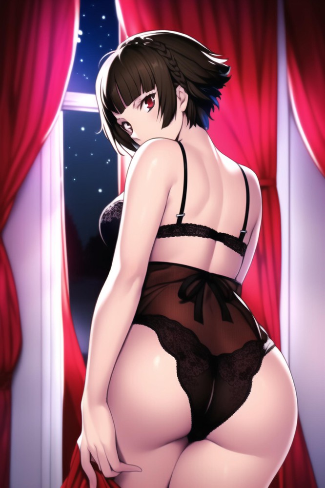 1girls, ai generated, ass, ass focus, bedroom, bra, brown hair, curtains, curtains open, female, hairband, lingerie, looking back, makoto niijima, night, partially clothed, persona, persona 5, red curtains, red eyes, short hair, shy, starry background, starry sky, thick thighs, underwear, viewed from behind