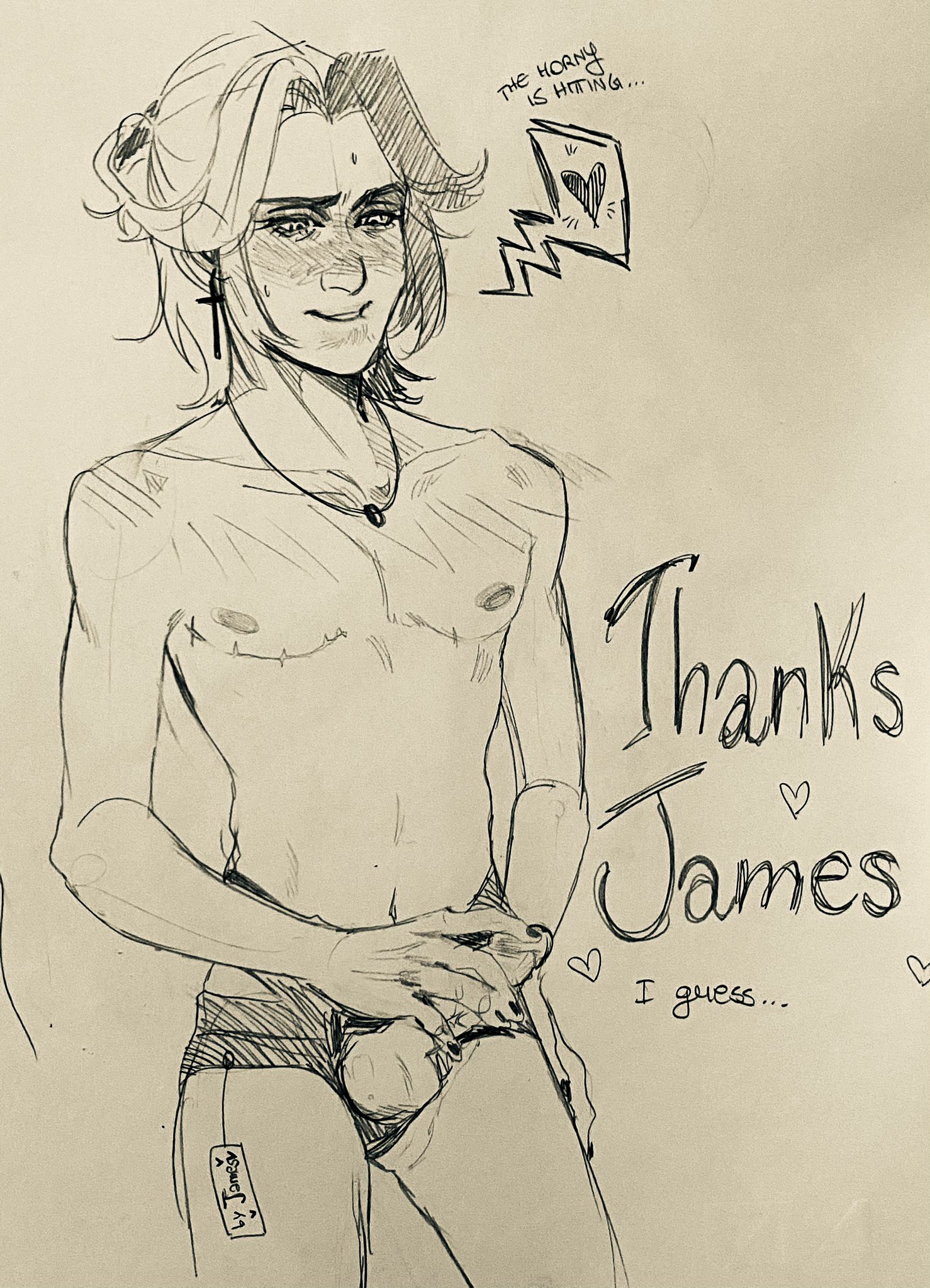 1boy, 2023, aiden (disventure camp), almost naked, balls, black hair, blush, blush lines, dick, disventure camp, earrings, english, english dialogue, english text, erect penis, erection, foreskin, gift, hand on hip, hand on penis, heart, homosexual, light skin, light-skinned male, male, male focus, male only, mentioned character, necklace, odd nation cartoons, painted nails, penis, penis out, rubbing penis, smile, solo, solo focus, solo male, thighs, thong, thong only, traditional art, traditional media, traditional media (artwork), twink, two-tone hair, uncircumcised, uncut, underwear only, white hair, yaoi