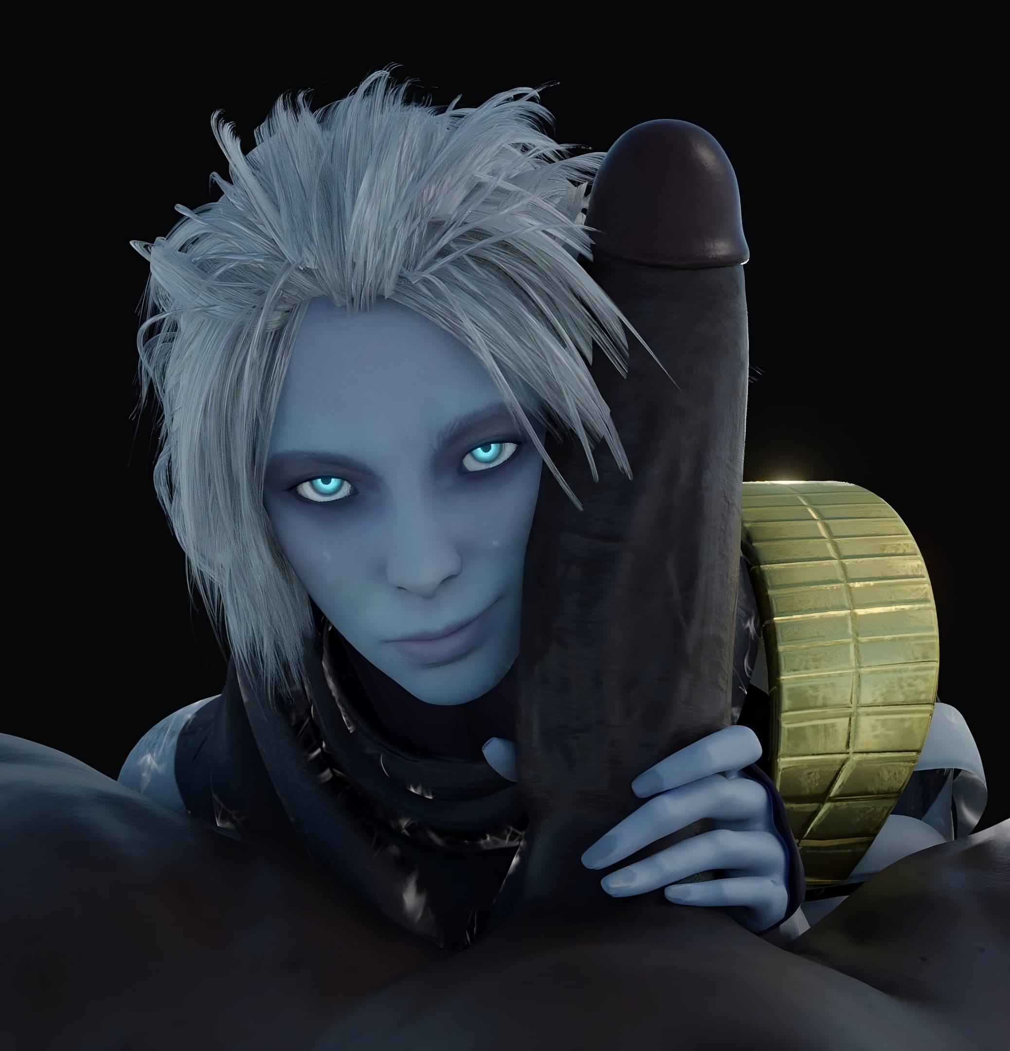 1boy, 1girls, 3d, awoken, big dick joy, big penis, blue skin, bungie, closed eyes, clothed, cock worship, dark skin, dark-skinned male, destiny (game), erection, female, huge cock, interracial, interspecies, large penis, male, male/female, mara sov, nude, oral, penis, penis on face, pov, smile, stephanie23, white hair