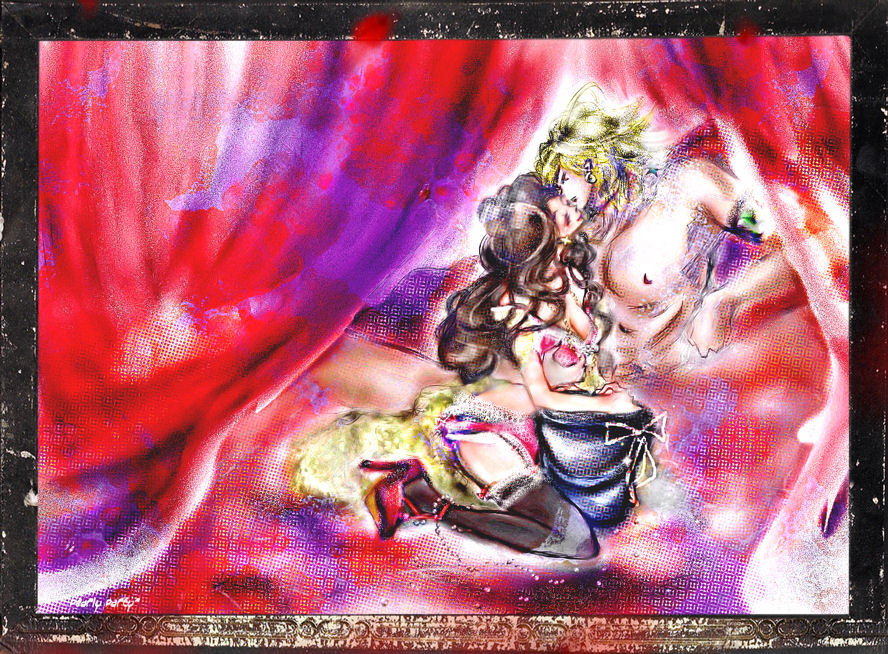 1boy 1girls big_breasts black_legwear blonde_hair bra breast_grab breasts brown_hair cleavage closed_eyes dio_brando female giorno's_mother high_heels indoors jojo's_bizarre_adventure long_hair makeup male muscular_male nipples pectorals sitting smile stardust_crusaders straight underwear vento_aureo