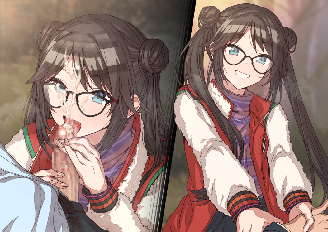 1boy after_ejaculation bangs black_hair blue_eyes bukkake cum double_bun erere facial fellatio female glasses hair_bun holding_another's_wrist idolmaster idolmaster_shiny_colors jacket long_hair long_sleeves mitsumine_yuika multiple_views oral outdoors parted_bangs penis ponytail red_jacket shirt sidelocks small_penis smile striped striped_shirt turtleneck twintails white_jacket white_shirt