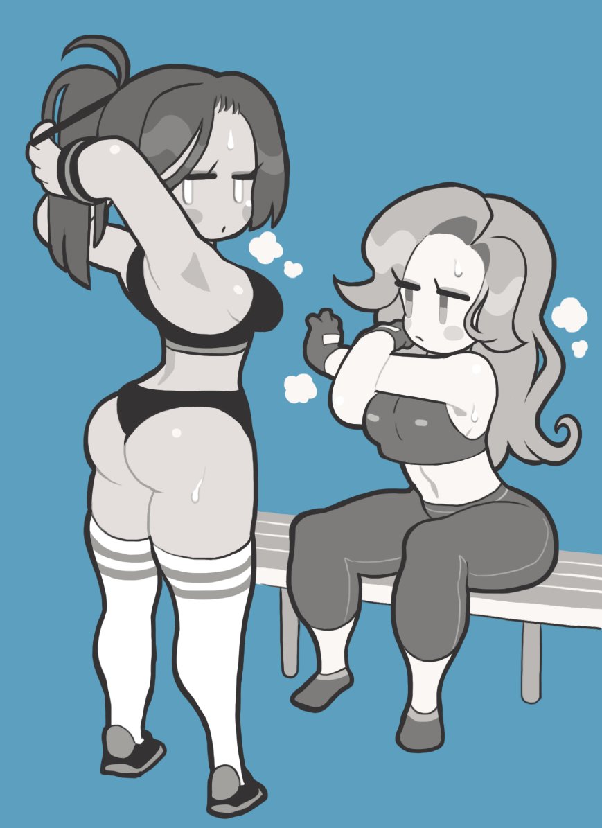 2girls after_exercise after_workout ass butt chibi gashi-gashi looking_at_viewer looking_back mob_face monochrome sweat uejini