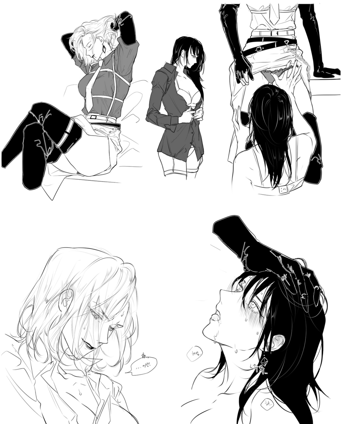 2girls, blonde hair, boss and subordinate, chest harness, cunnilingus, dark hair, earrings, eye contact, female, female chief (path to nowhere), female only, gloves, hair grab, hand on head, harness, imminent cunnilingus, imminent oral, lace-trimmed panties, langley (path to nowhere), long gloves, milf, monochrome, older female, open mouth, panties, path to nowhere, removing panties, skirt lift, t rex rebirth, tongue, tongue out, yuri