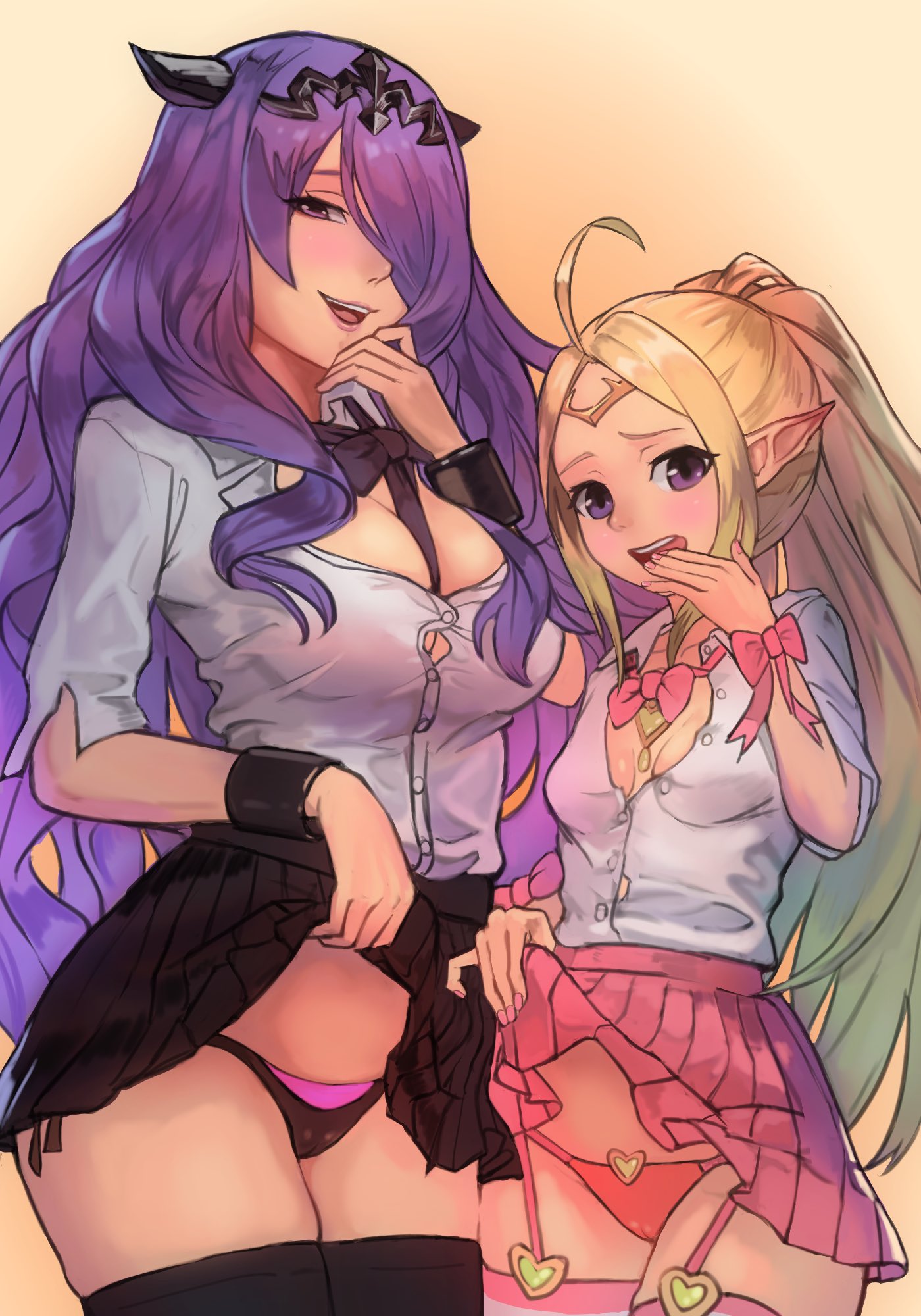 2girls ahoge alternate_costume black_bow black_bowtie black_panties black_skirt black_thighhighs blonde_hair bow bowtie bracelet breasts brooch button_gap cameltoe camilla_(fire_emblem) circlet cleavage clothes_lift collared_shirt commentary contemporary covering_mouth cowboy_shot female female_only fingernails fire_emblem fire_emblem_awakening fire_emblem_fates garter_straps gyaru hair_over_one_eye hand_over_own_mouth heart_brooch height_difference highres jewelry lifted_by_self lips long_hair medium_breasts multiple_girls nail_polish nintendo nowi_(fire_emblem) open_mouth panties partially_unbuttoned pink_bow pink_bowtie pink_nails pink_panties pink_skirt pink_thighhighs pleated_skirt pointy_ears ponytail purple_eyes purple_hair r123 school_uniform shirt sidelocks simple_background skirt skirt_lift small_breasts thighhighs tiara underwear very_long_hair wavy_hair white_shirt