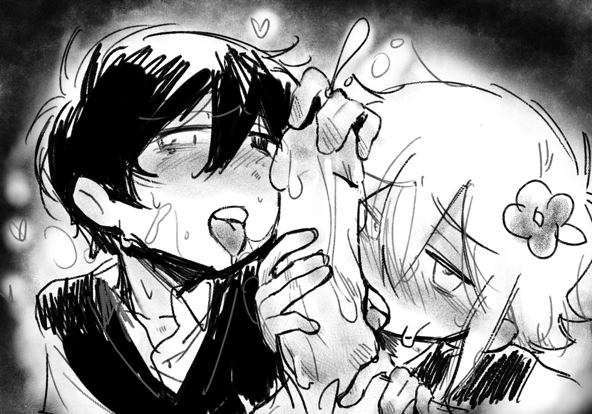 3boys, basil (omori), blowjob, collaborative fellatio, femboy, gay, handjob, male, male only, male pov, mob face, monochrome, multiple boys, multiple males, omori, penis, pov, sketch, sunny (omori), threesome