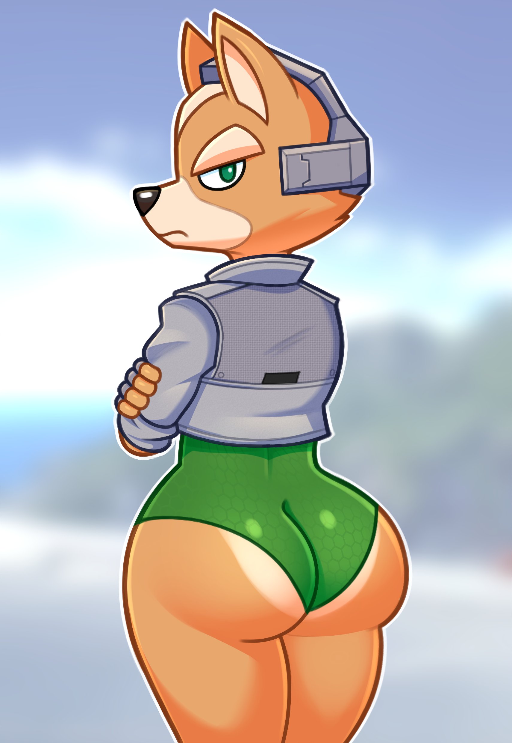 1boy, acstlu, arms crossed, ass, ass focus, big ass, big butt, bubble ass, bubble butt, femboy, fox, fox mccloud, frown, frowning, furry, furry only, gay, glare, glaring at viewer, male, male only, nintendo, solo, solo male, star fox, thighs