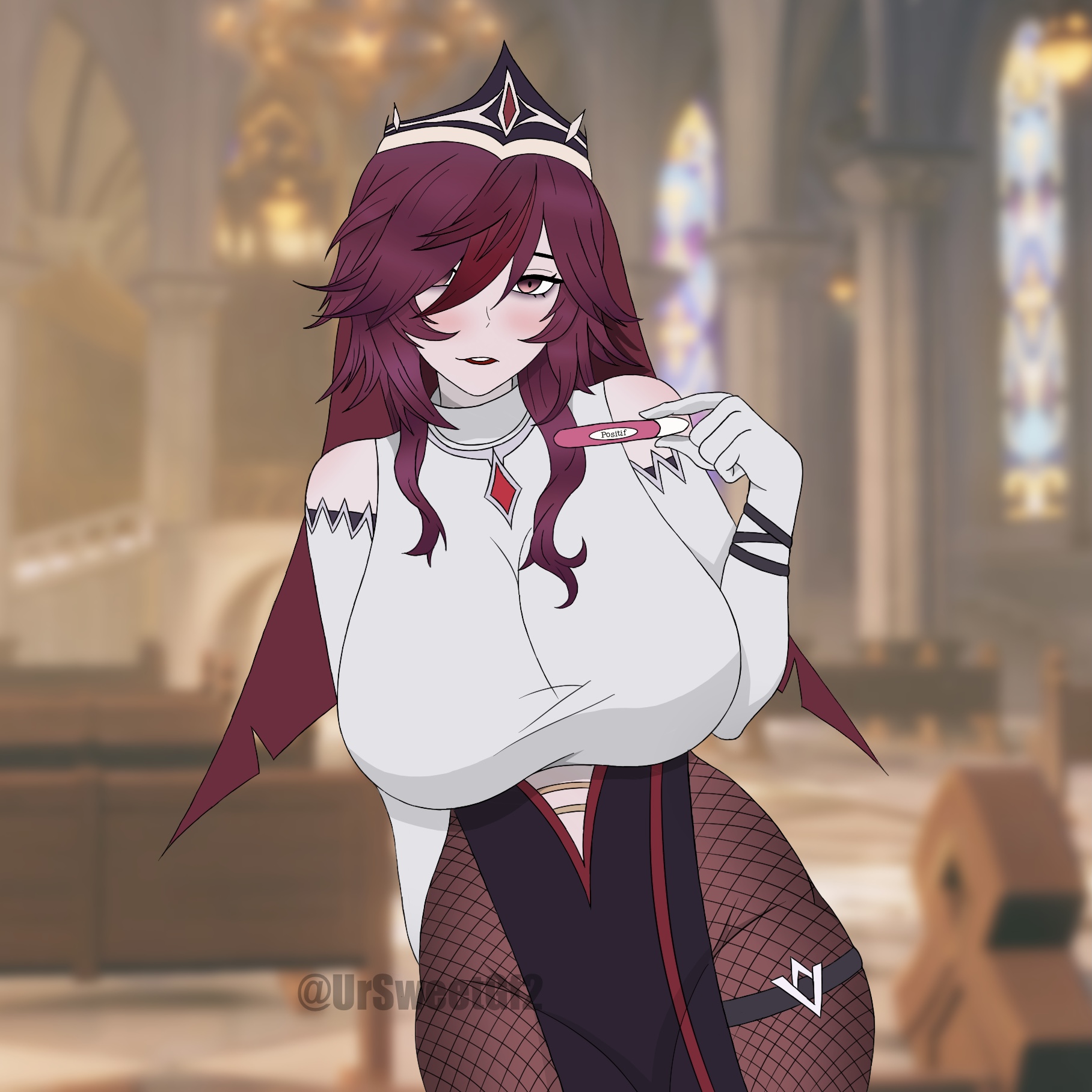 ass, big ass, big breasts, big butt, big nipples, breasts, female, genshin impact, looking at viewer, nun, nun outfit, nun's habit, pregnancy test, purple hair, rosaria (genshin impact), rosary, solo, solo female, ursweetgf2