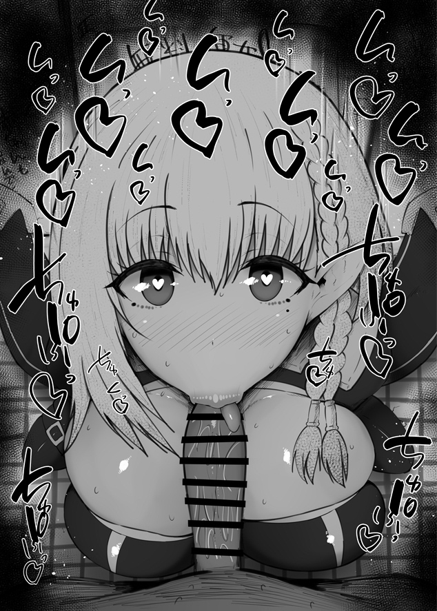 :>=, 1boy, 1girls, beta (the eminence in shadow), big breasts, big penis, black and white, blowjob, blush, braid, breasts, censored, cid kagenou, dark skin, dark-skinned male, detailed background, dress, drooling, elf, eyelashes, fellatio, female, heart, heart-shaped pupils, humanoid, indoor, indoors, interracial, kage no jitsuryokusha ni naritakute!, kurotama, looking at viewer, male, male pov, oral, oral sex, penis, pointy ears, pov, saliva, shiny, shiny skin, short hair, sketch, sound effects, squatting, text, the eminence in shadow, tied hair, tongue, tongue out, vein, veins, veiny, veiny penis