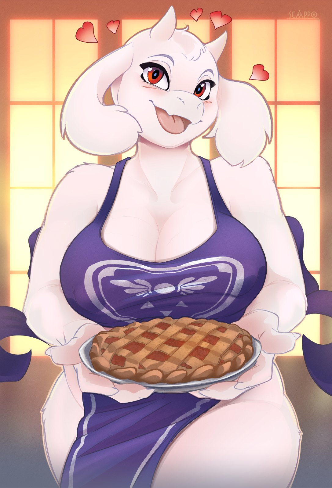 1girls anthro apron big_breasts blush bovid breasts caprine cleavage dessert digital_media_(artwork) dress female female_only floppy_ears food fur furry furry_only goat_ears goat_horns heart hi_res holding_food holding_object holding_pie horns looking_at_viewer mammal mature_anthro mature_female milf naked_apron open_mouth pie red_eyes scappo smiling smiling_at_viewer solo toriel undertale undertale_(series) white_body white_fur