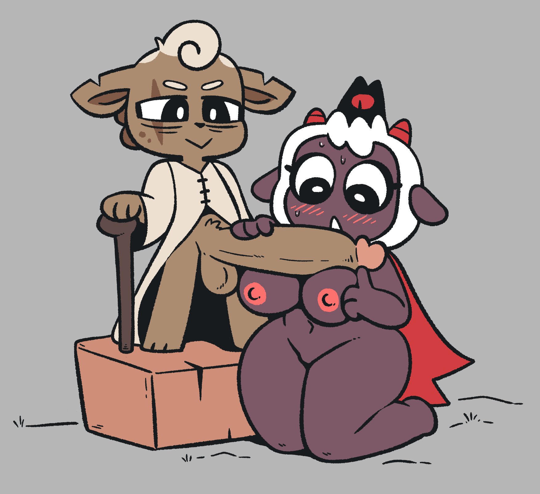 balls, breasts, casual, clothing, cult of the lamb, dark skin, female, follower (cult of the lamb), headwear, lamb (cult of the lamb), male, outerwear, penis, red crown (cult of the lamb), sheep, wool (fur), yopy