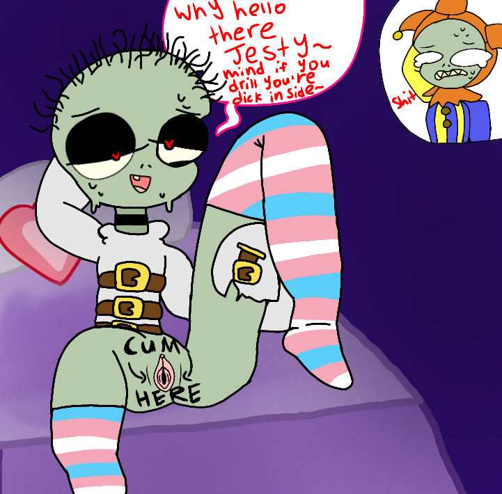 1boy 1cuntboy bedroom begging choker cuntboy electronic_arts fanart forced grey_skin heart-shaped_pupils humanoid in_bed intersex jack_in_the_box_zombie jester jester_zombie legwear male male/cuntboy marker nervous nervous_face nervous_sweat plants_vs_zombies pussy pvz ready_to_fuck sharp_teeth shaved_crotch spread_legs straitjacket sweating transgender_pride_colors vagina zombie zombie_boy