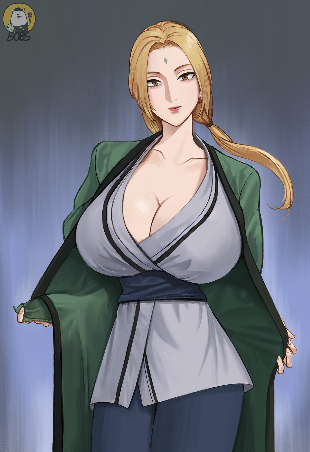 1girls, big breasts, blonde hair, breasts, brown eyes, cleavage, female, female only, forehead mark, fully clothed, light skin, light-skinned female, looking at viewer, mature female, milf, naruto, naruto (series), naruto shippuden, solo, solo female, tsunade