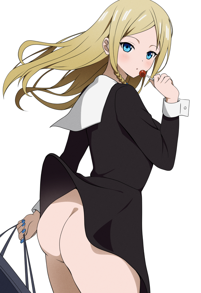 1girls, accidental exposure, accurate art style, alternate hairstyle, areolae, arm strap, ass, ass focus, belly, big breasts, blonde hair, blue eyes, blushcute, breasts, coro fae, dress, female, female only, hayasaka ai, highres, kaguya-sama wa kokurasetai ~tensai-tachi no renai zunousen~, light skin, light-skinned female, long hair, looking at viewer, naked, navel, nipples, no panties, nude, official style, peace sign, puffy nipples, seductive, smile, solo, standing, stomach, thick thighs, thigh strap, thighs, white background