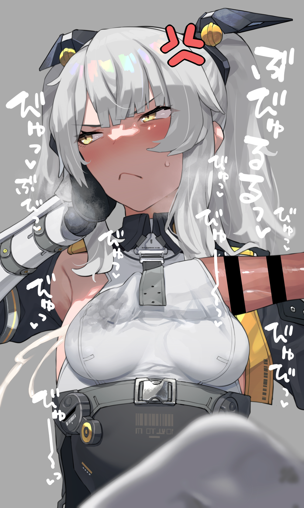 :< anger_vein bangs bar_censor black_gloves blush breasts censored clothesjob collagen cum cum_under_clothes ejaculation erection female gloves grey_background grey_hair hair_ornament highres karenina_(punishing:_gray_raven) looking_away penis penis_under_another's_clothes punishing:_gray_raven sideboob_paizuri simple_background small_breasts socks sweat twintails white_socks yellow_eyes