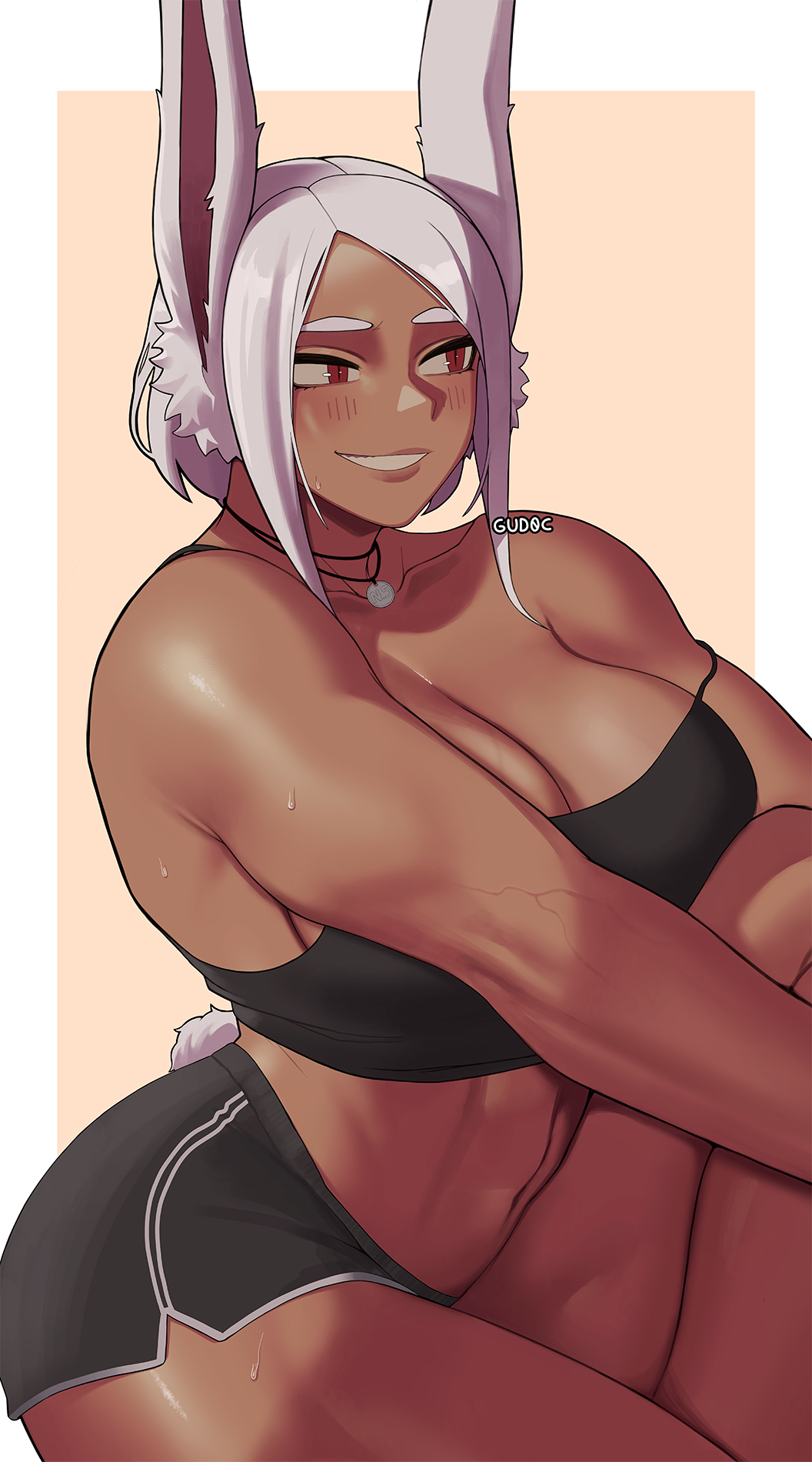 1girls abs big_ass big_breasts booty_shorts bunny_ears clothed dark-skinned_female dark_skin female fully_clothed gud0c miruko my_hero_academia red_eyes rumi_usagiyama solo sports_bra tagme white_hair wide_hips