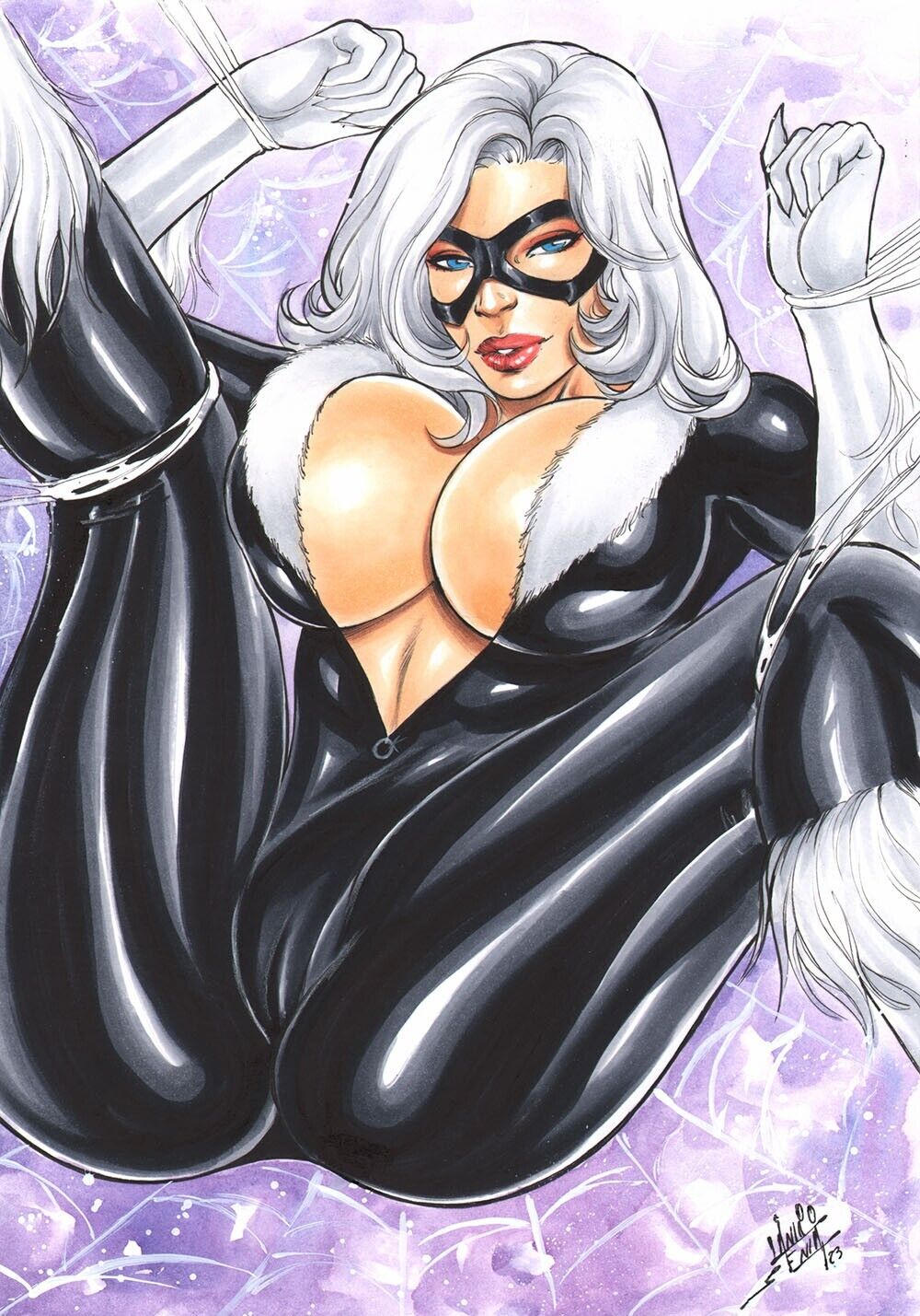 1girls, 2023, big breasts, black cat (marvel), black mask, blue eyes, breasts, ed benes studio, felicia hardy, female, female only, hi res, lanio sena, latex, latex suit, long hair, marvel, marvel comics, mask, masked female, no bra, no bra under clothes, seductive look, skin tight, solo, spider web, spider-man (series), white hair