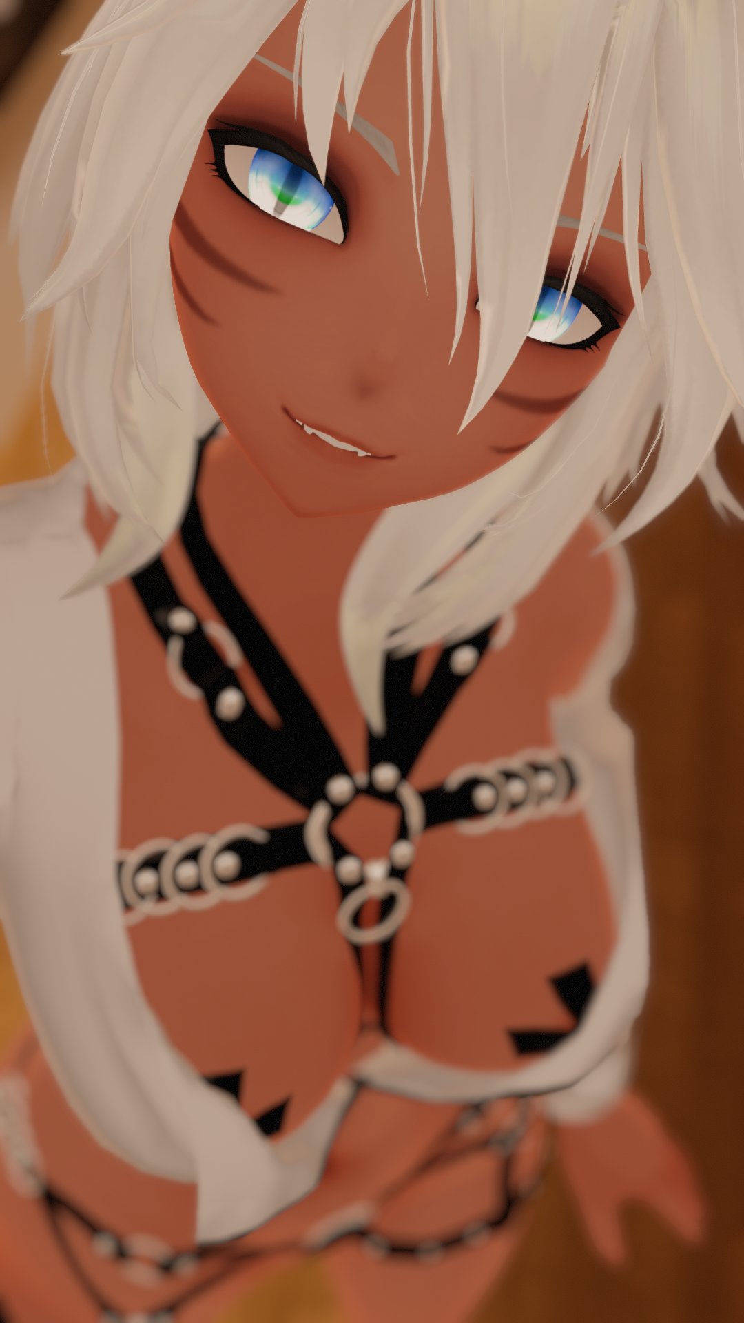 1girls 3d 3d_(artwork) animal_ears areolae big_breasts blue_eyes breasts cat_ears cat_tail catgirl cleavage dark-skinned_female dark_skin final_fantasy harness harness_only indie_virtual_youtuber miqo'te nekomimi nipple_tape no_bra no_panties out_of_focus slit_pupils smug smug_face solo solo_female solo_focus thamriyell virtual_youtuber vrchat vrchat_avatar white_hair