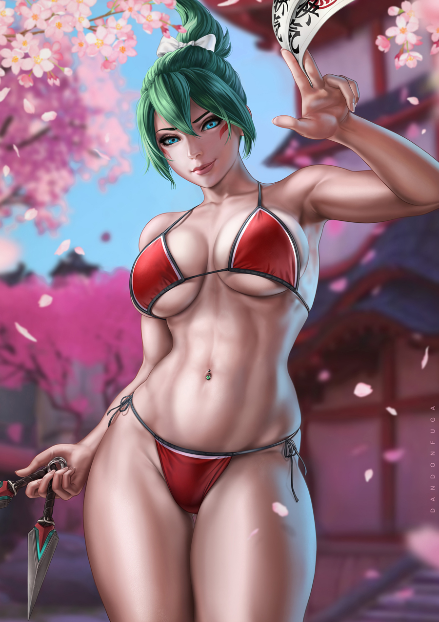 1girls 2023 armpits big_breasts bikini blizzard_entertainment dandon_fuga female female_focus female_only green_eyes green_hair high_resolution highres kiriko_(overwatch) kunai looking_at_viewer navel_piercing overwatch overwatch_2 red_lines smile solo tagme