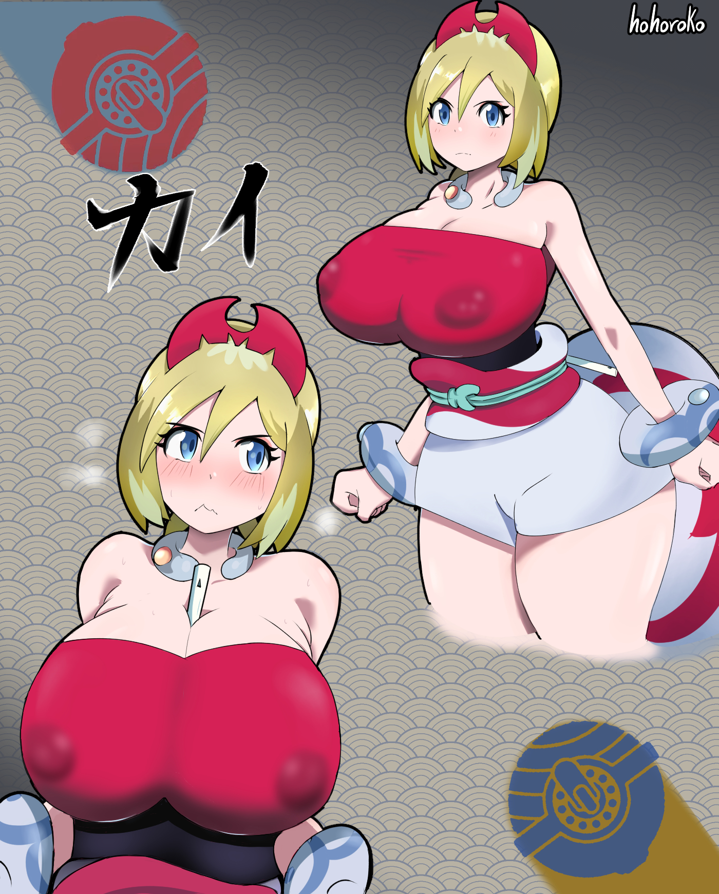 1girls, alternate ass size, alternate body type, alternate breast size, ass, blonde hair, blue eyes, blush, breasts, cleavage, embarrassed, female, hair ornament, high resolution, hohoroko, huge ass, huge breasts, irida (pokemon), light skin, light-skinned female, nintendo, pokemon, pokemon legends: arceus, short hair, thick thighs, thighs