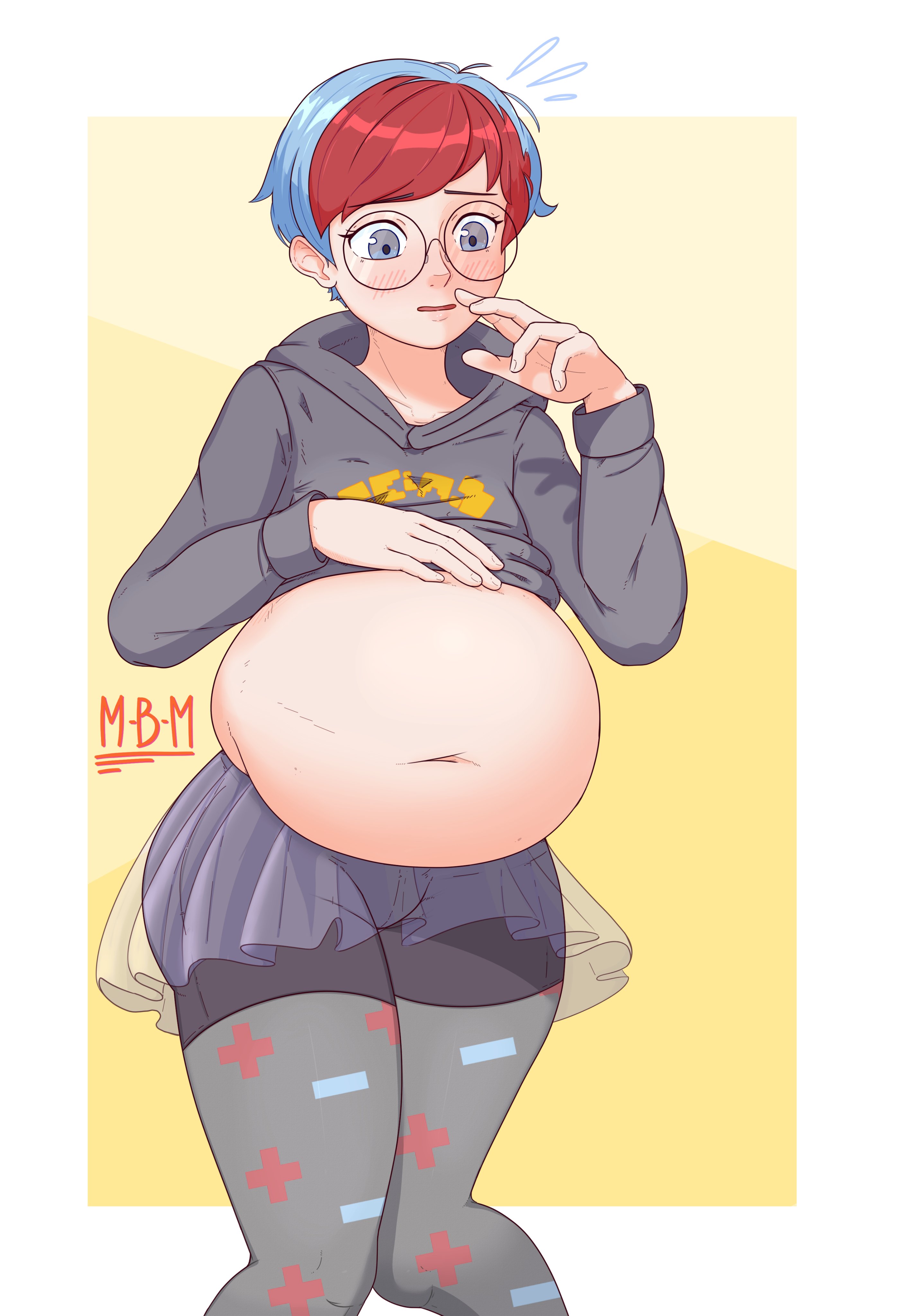 1girls, belly, belly button, big belly, blue hair, blush, clothed, embarrassed, fat, fat belly, female, glasses, grey eyes, m-b-m, may be maybenot, navel, penny (pokemon), pokemon, pokemon sv, red hair, standing, thick, thick thighs, very short hair
